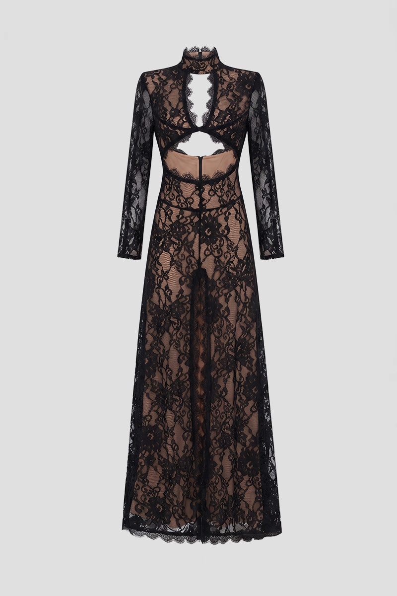 Elegantes Spitzenkleid mit hohem Kragen, Front-Ausschnitt und Schlitz - Schwarz 