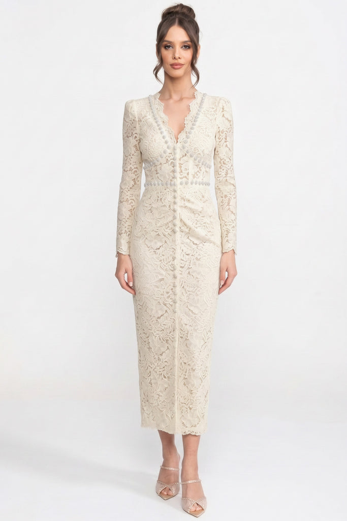 Spitzen-Midikleid mit Kristall-V-Ausschnitt und Drapierungsdetail vorne – Weiß 