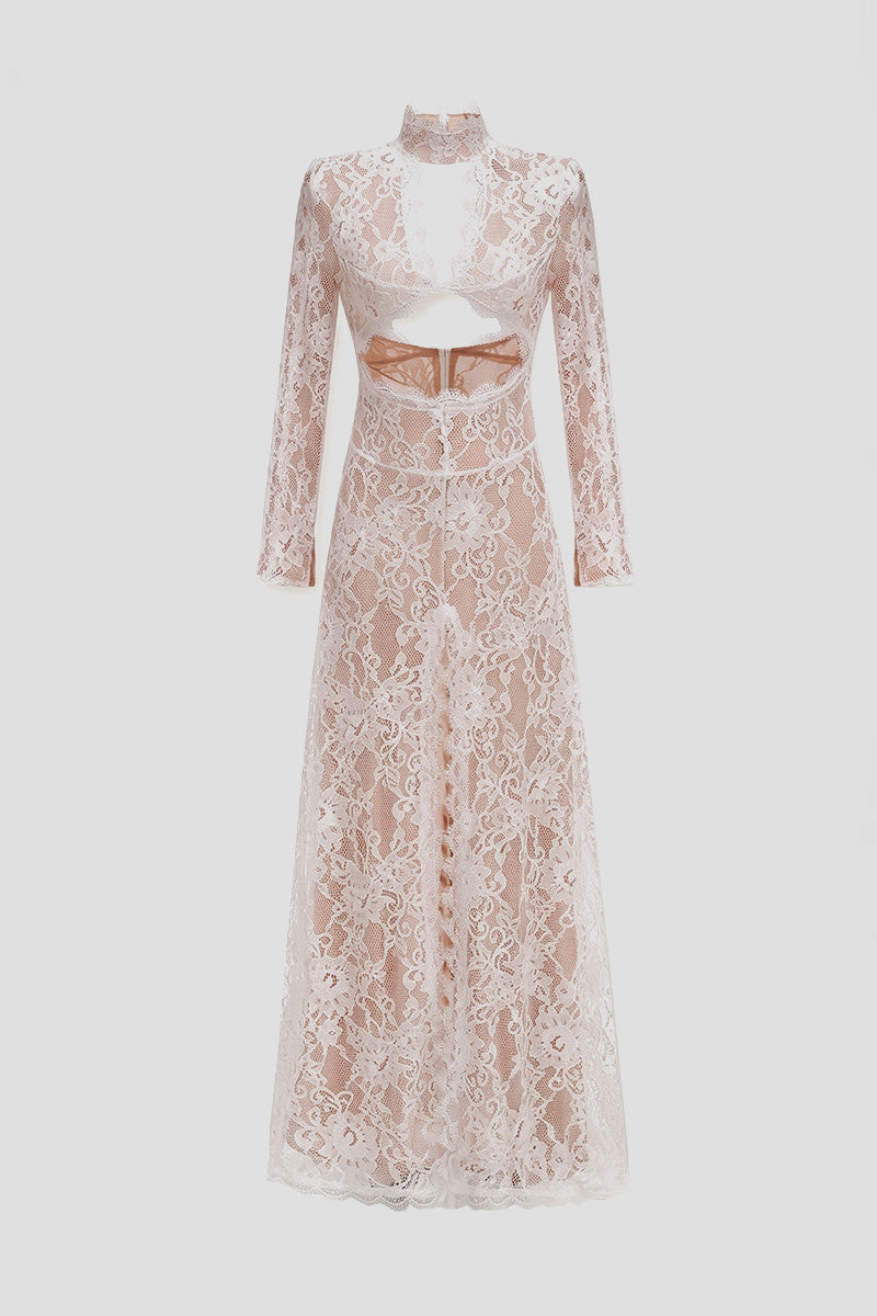 Elegantes Spitzenkleid mit hohem Kragen, Cut-out vorne und Schlitz - Weiß 