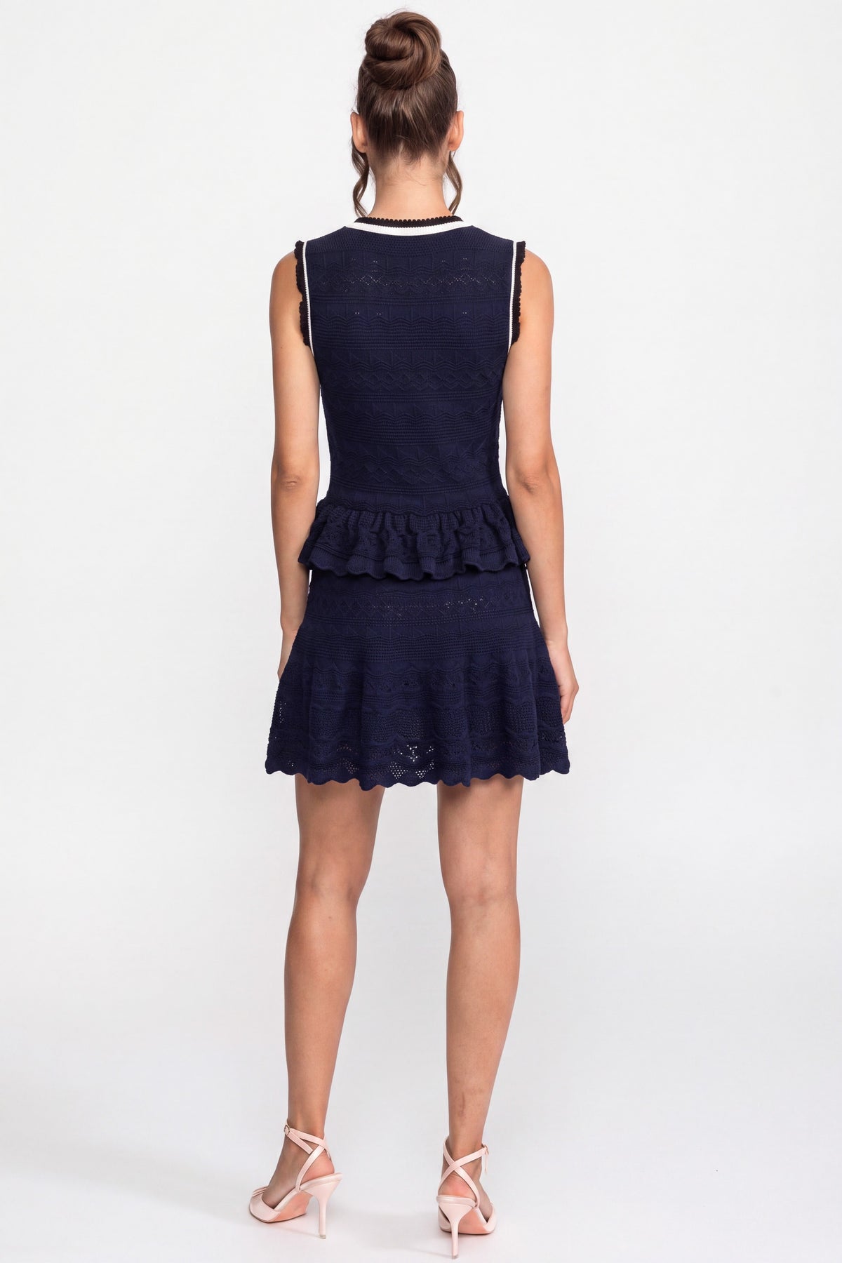 Peplum-Strick-Minikleid mit Kontrastbesatz und Schleife - Marineblau 