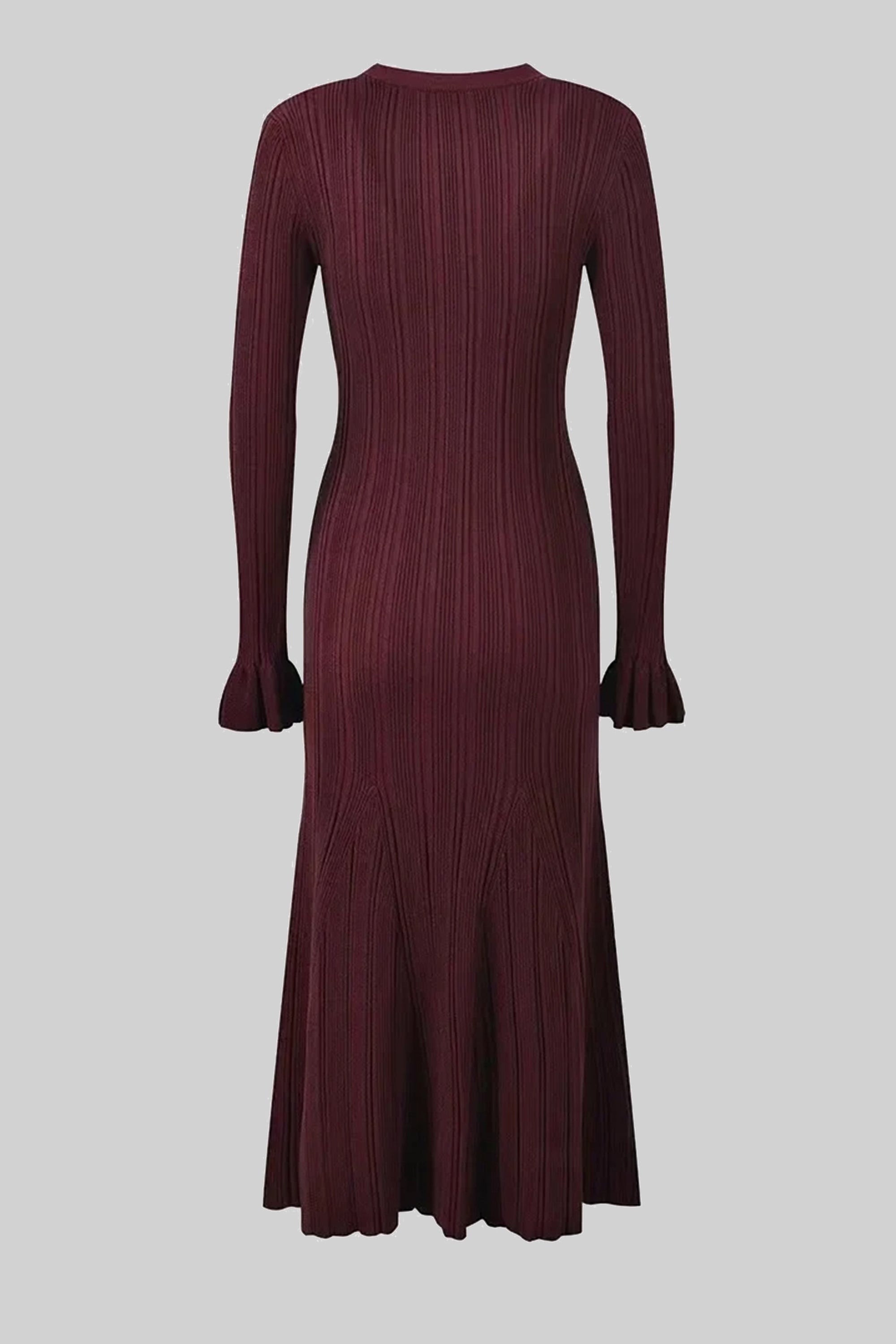 Geripptes Strick-Maxikleid mit V-Ausschnitt und Knopfleiste vorne sowie Rüschenmanschetten - Burgundy 
