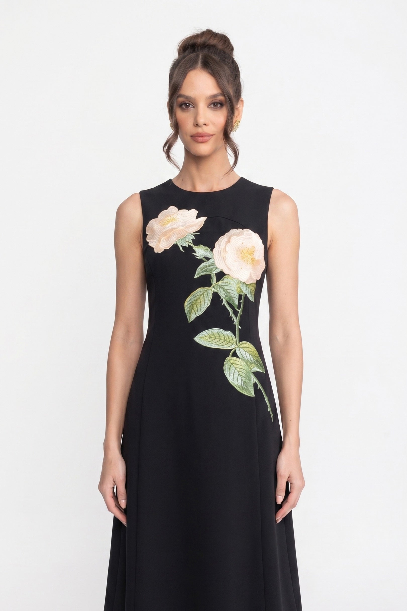 Ärmelloses Midi-Kleid mit 3D-Blütenapplikation und vollem Rock - Schwarz 