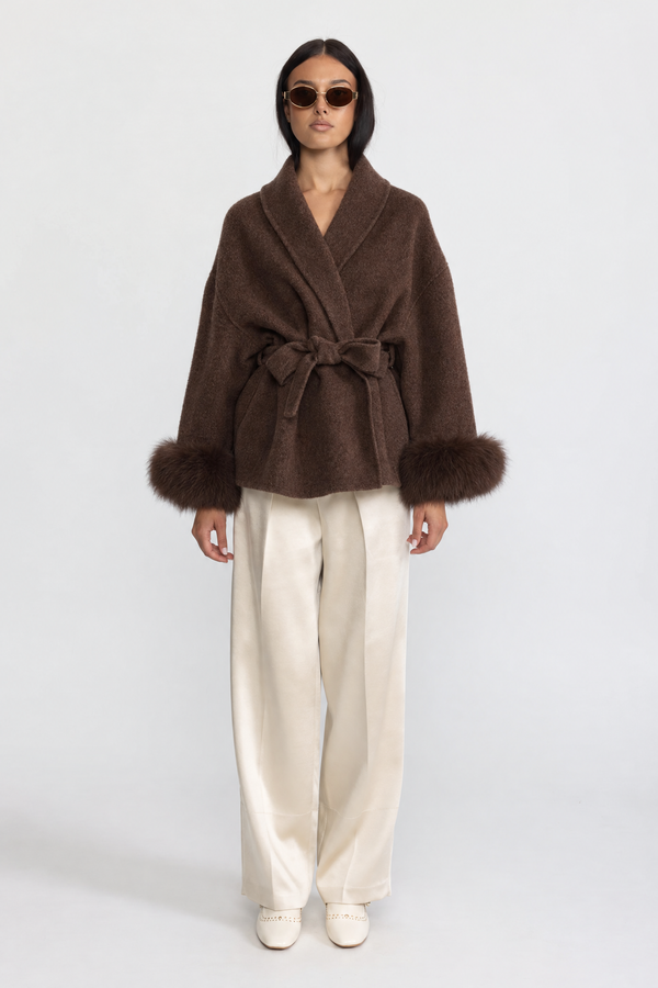 Wickeljacke aus Wollmischung mit Manschetten aus Fuchspelz - Braun 