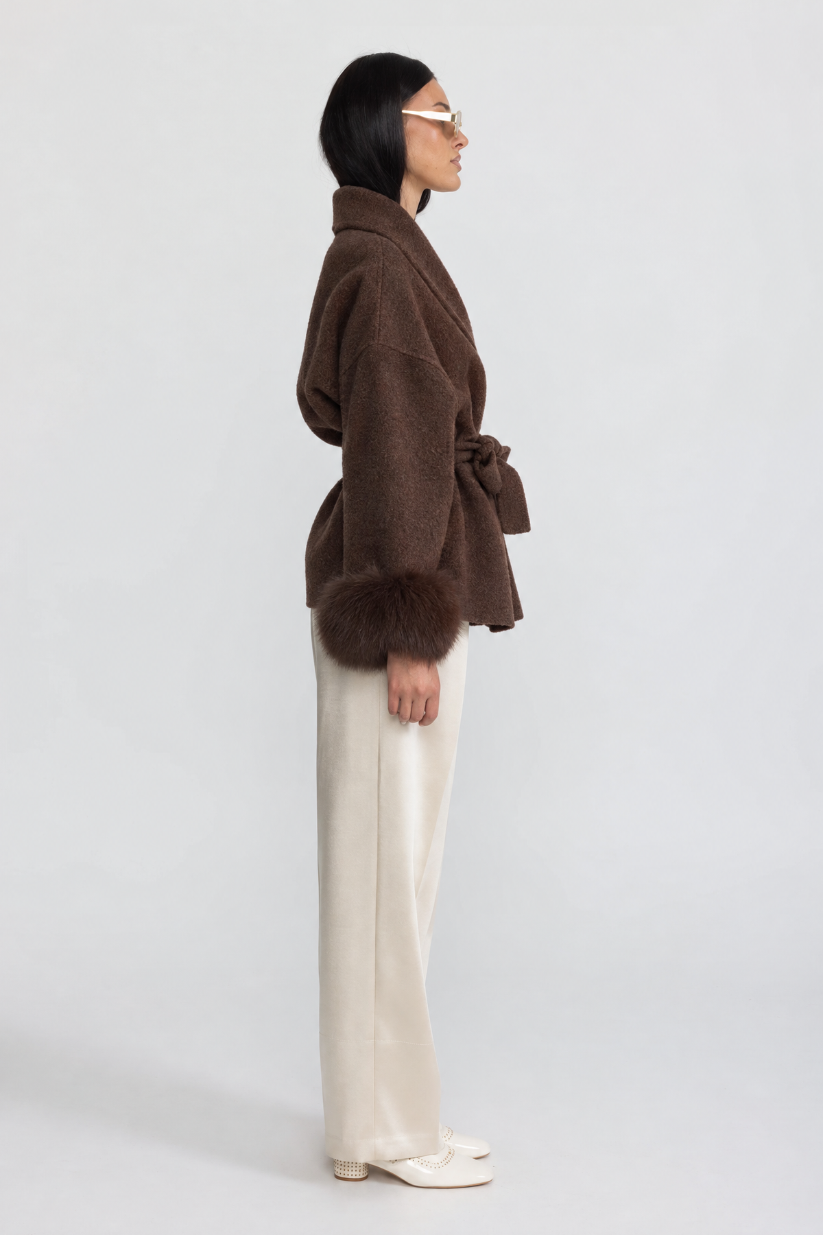 Wool Blend Wrap Jacket with Fox Fur Cuffs - Brown