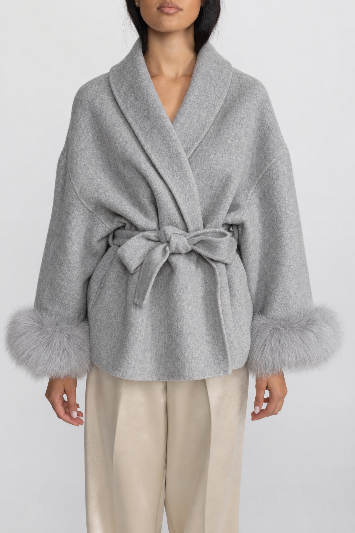 Wool Blend Wrap Jacket with Fox Fur Cuffs - Grey