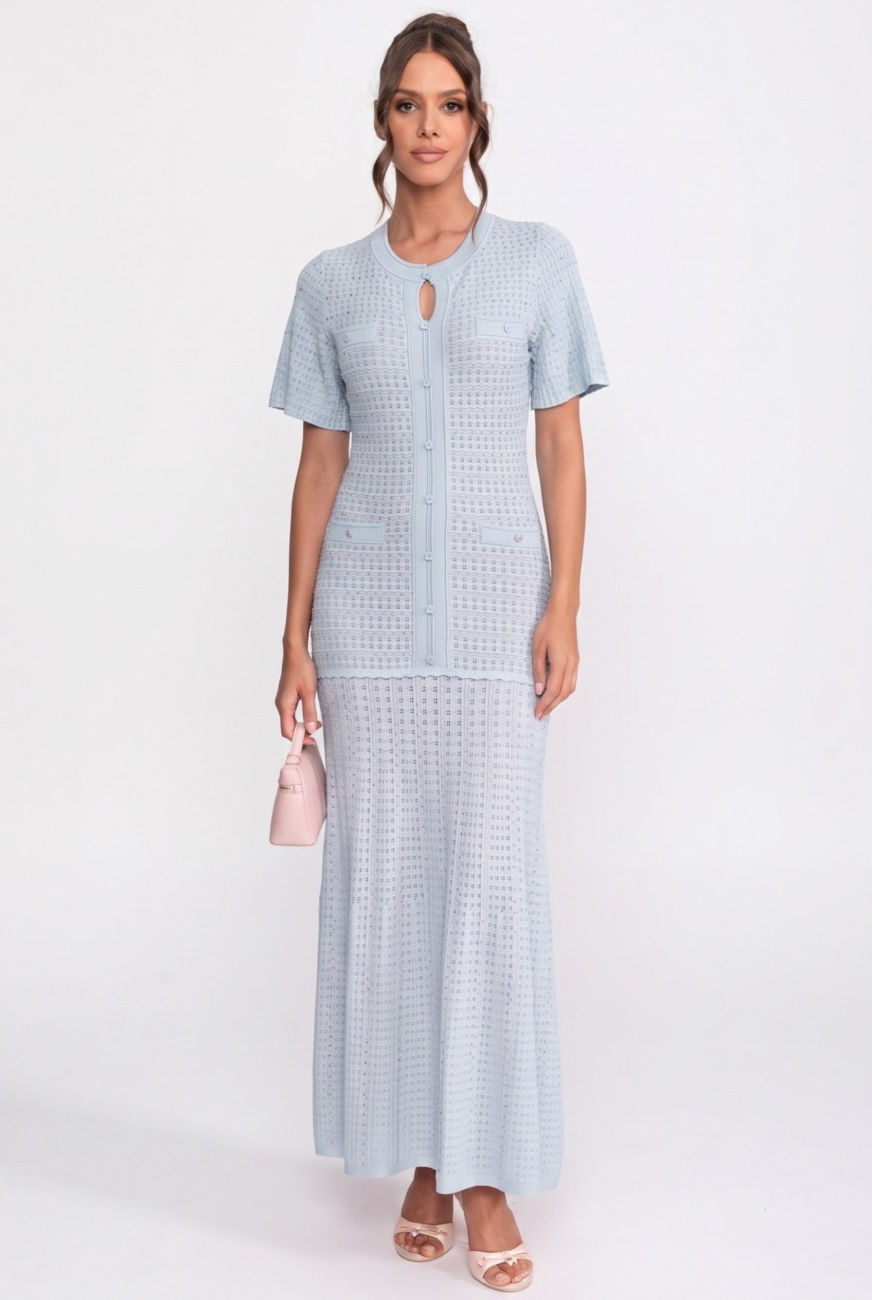 Midi-Kleid mit kurzen Ärmeln und schimmernder Stricktextur - Light Blue 