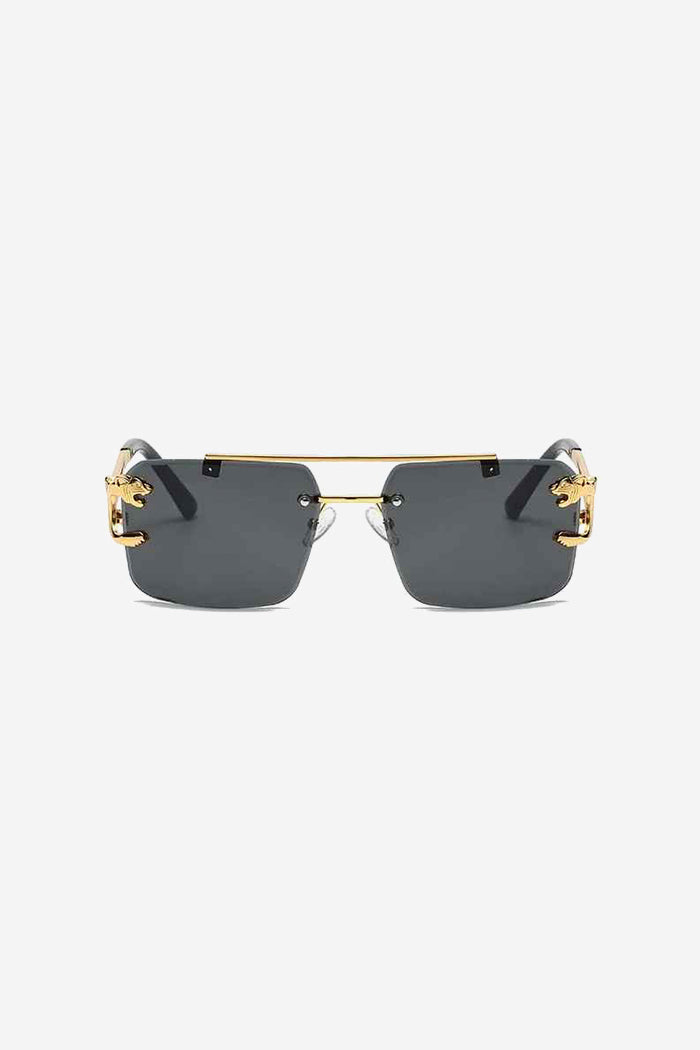 Rimless Square Sunglasses with Gold Panther Detail and Double-Bar Temples – Black