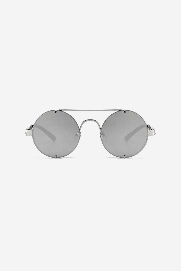 Rimless Round Sunglasses with Double Bridge and Temple Springs – Silver