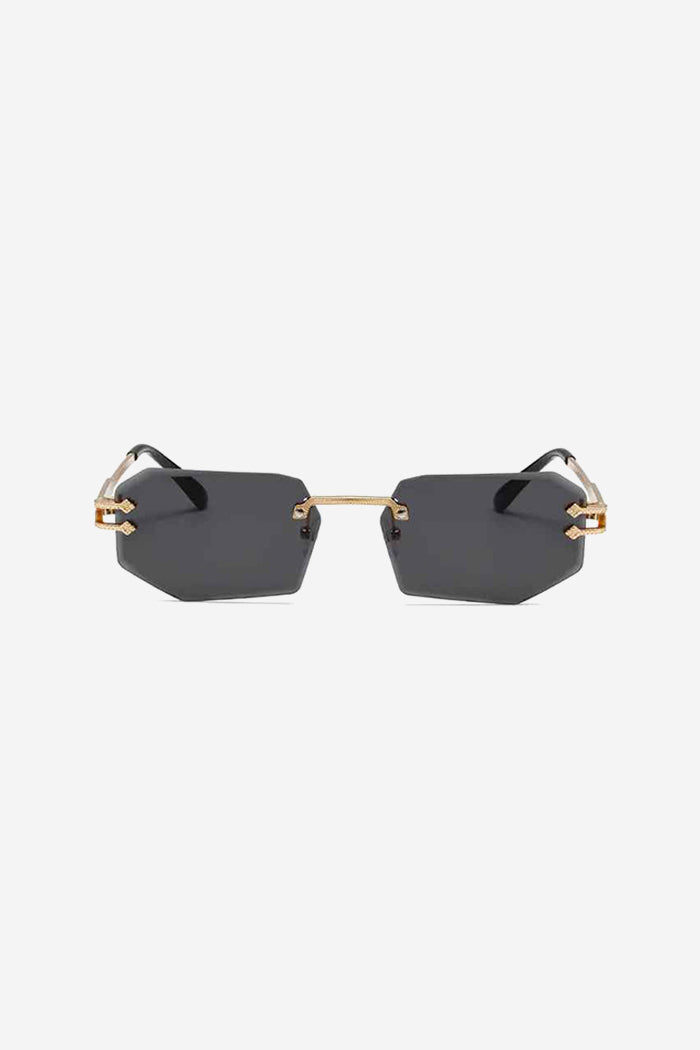 Rimless Geometric Sunglasses with Textured Gold Chain Temples – Black