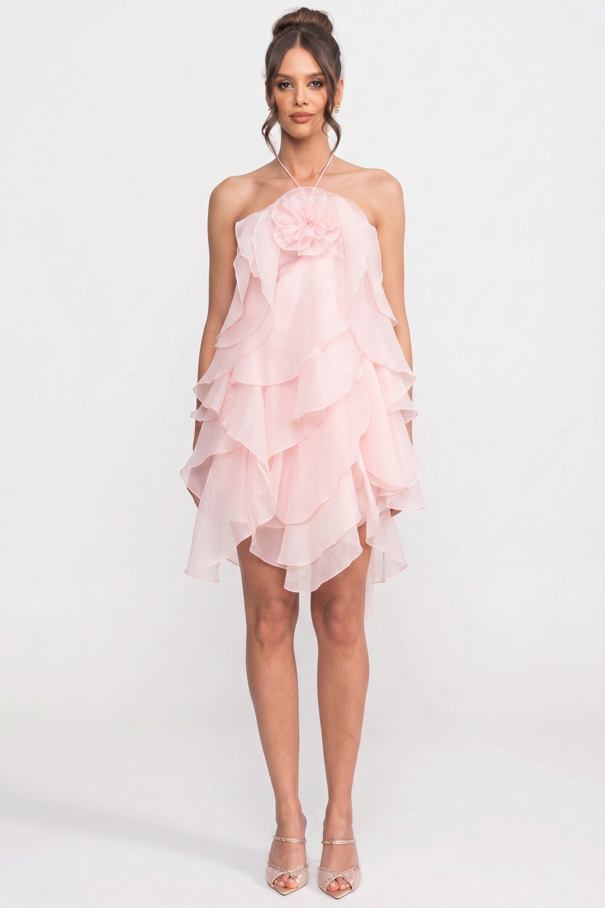Gestuftes Rüschen-Minikleid mit 3D-Blumen-Halterkragen - Pink 