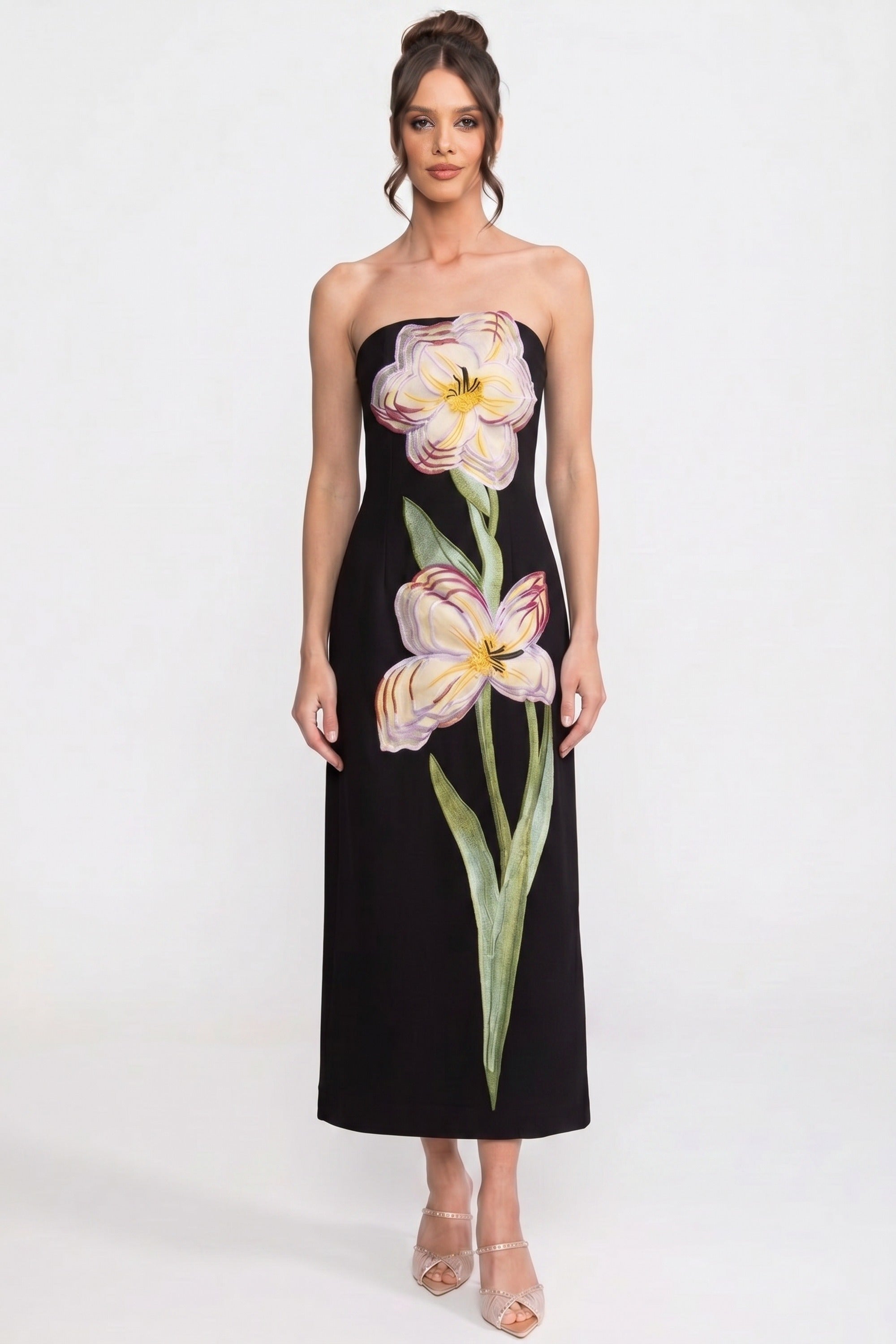Schulterloses Maxikleid mit Blumenprint und Column-Silhouette – Schwarz 