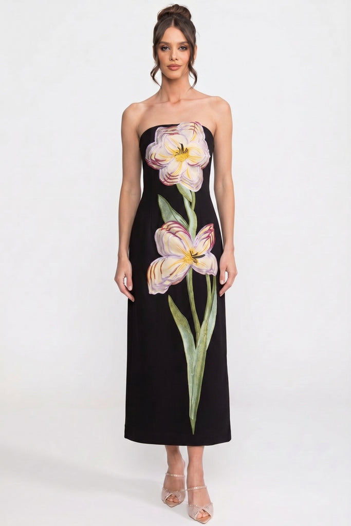 Schulterloses Maxikleid mit Blumenprint und Column-Silhouette – Schwarz 