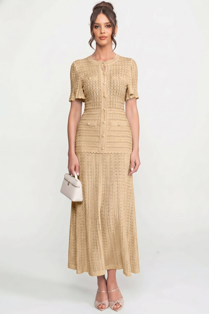 Midikleid mit kurzen Ärmeln und schimmernder Stricktextur - Beige 