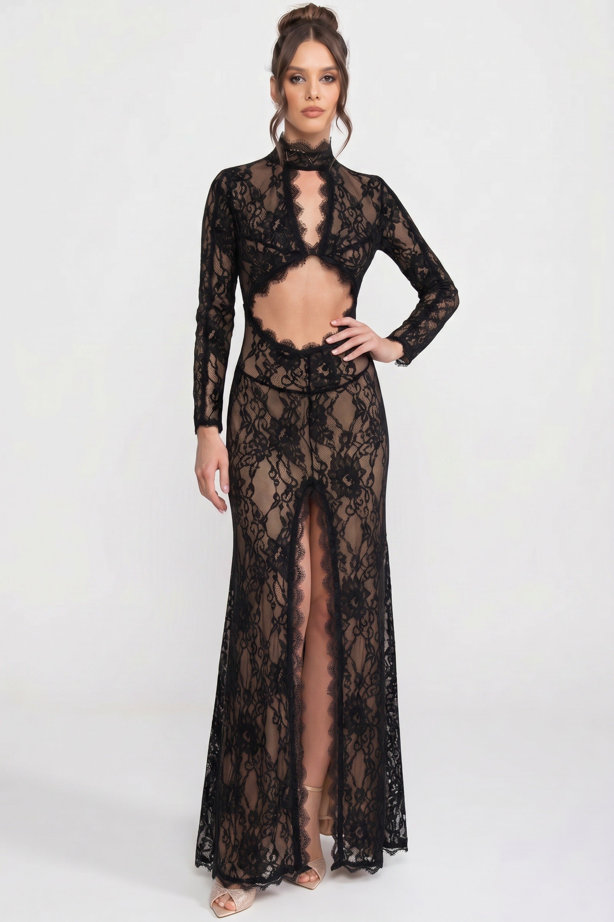 Elegantes Spitzenkleid mit hohem Kragen, Front-Ausschnitt und Schlitz - Schwarz 