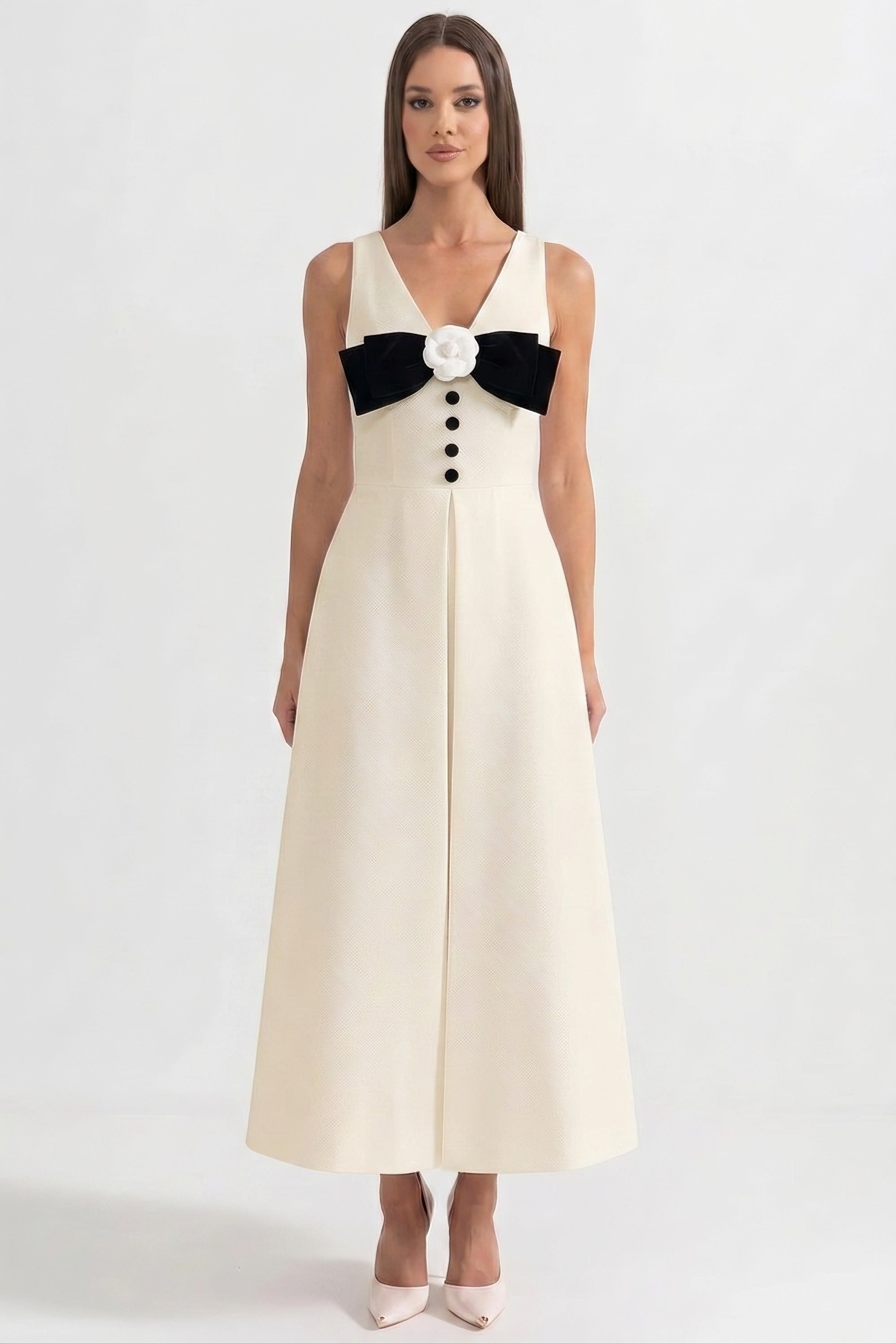 Halter Neck Maxi Dress With Black Bow Bustline And Button Front - White