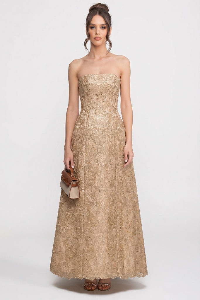 Schulterfreies Ballkleid aus floraler Spitze mit vollem A-Linien-Rock - Gold 