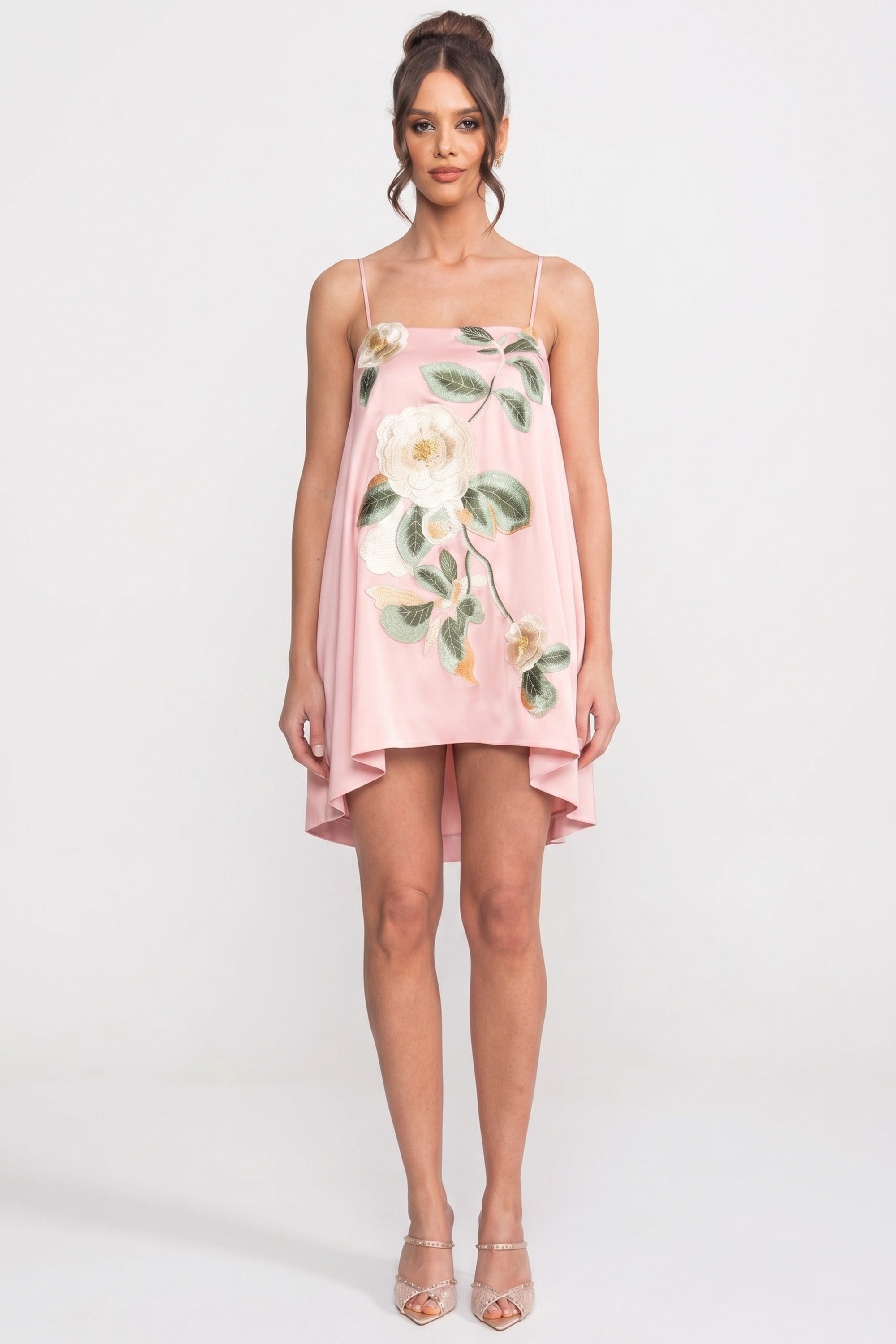 Mini-Kleid mit Spaghettiträgern, 3D-Blütenapplikation und A-Linien-Rock - Pink 