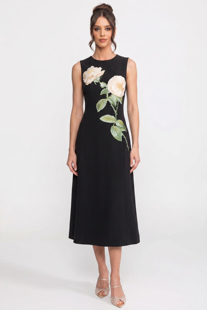 Ärmelloses Midi-Kleid mit 3D-Blütenapplikation und vollem Rock - Schwarz 