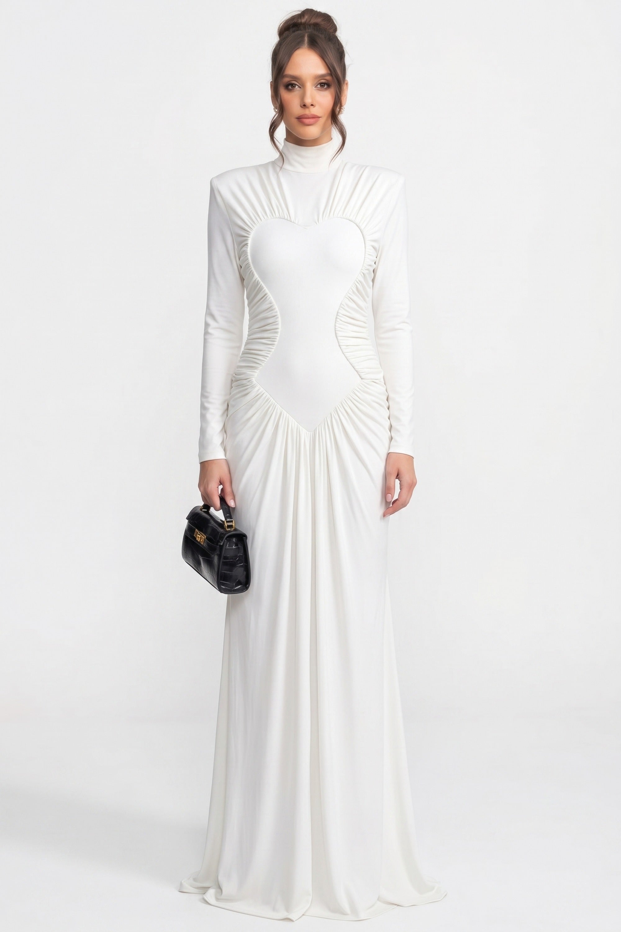 Hochgeschlossenes, langärmliges Mermaid-Abendkleid mit Raffungen und diagonaler Drapierung - Weiß 