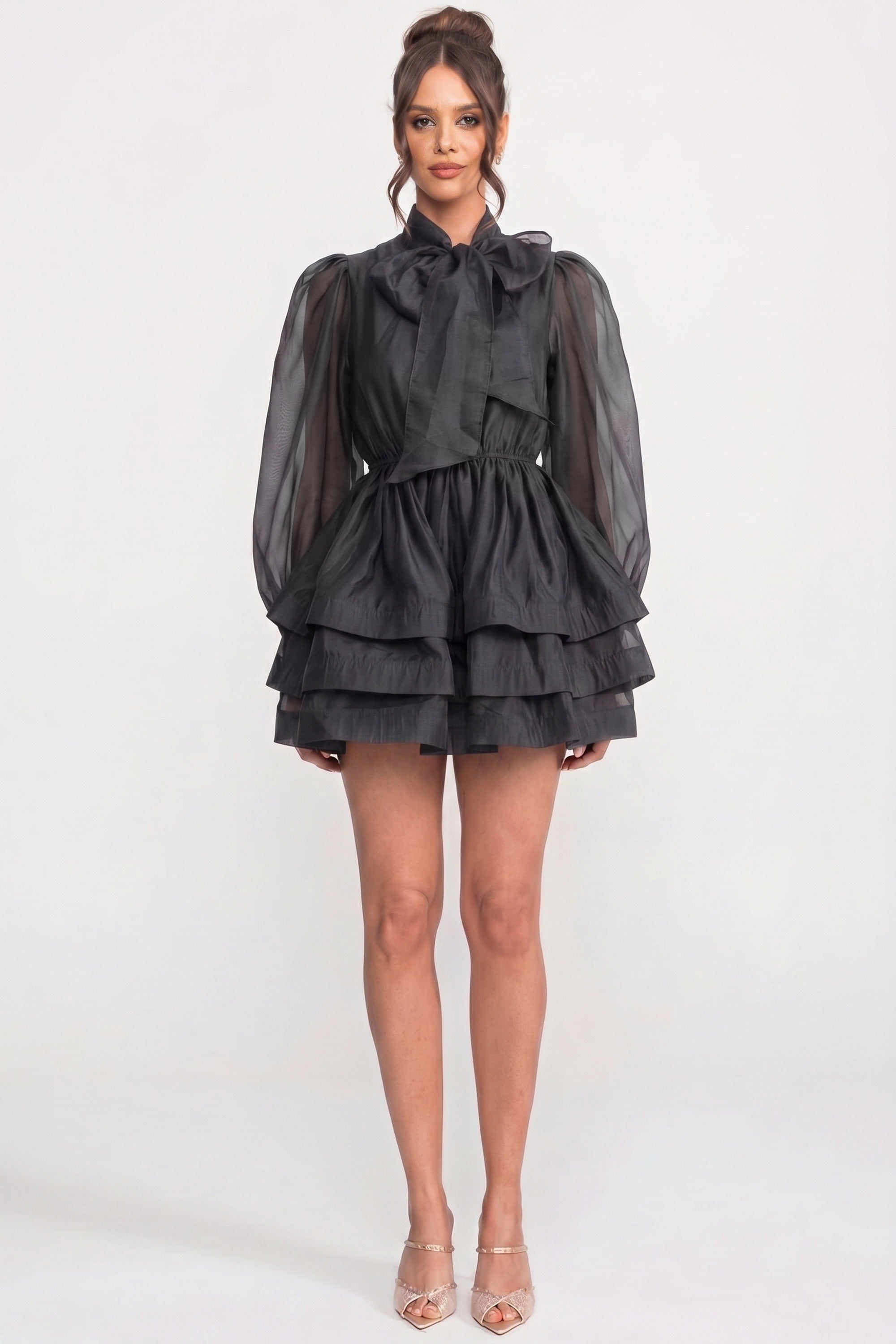 High-Neck-Minikleid mit Puffärmeln, gestuftem Rüschrock und Schleife - Schwarz 