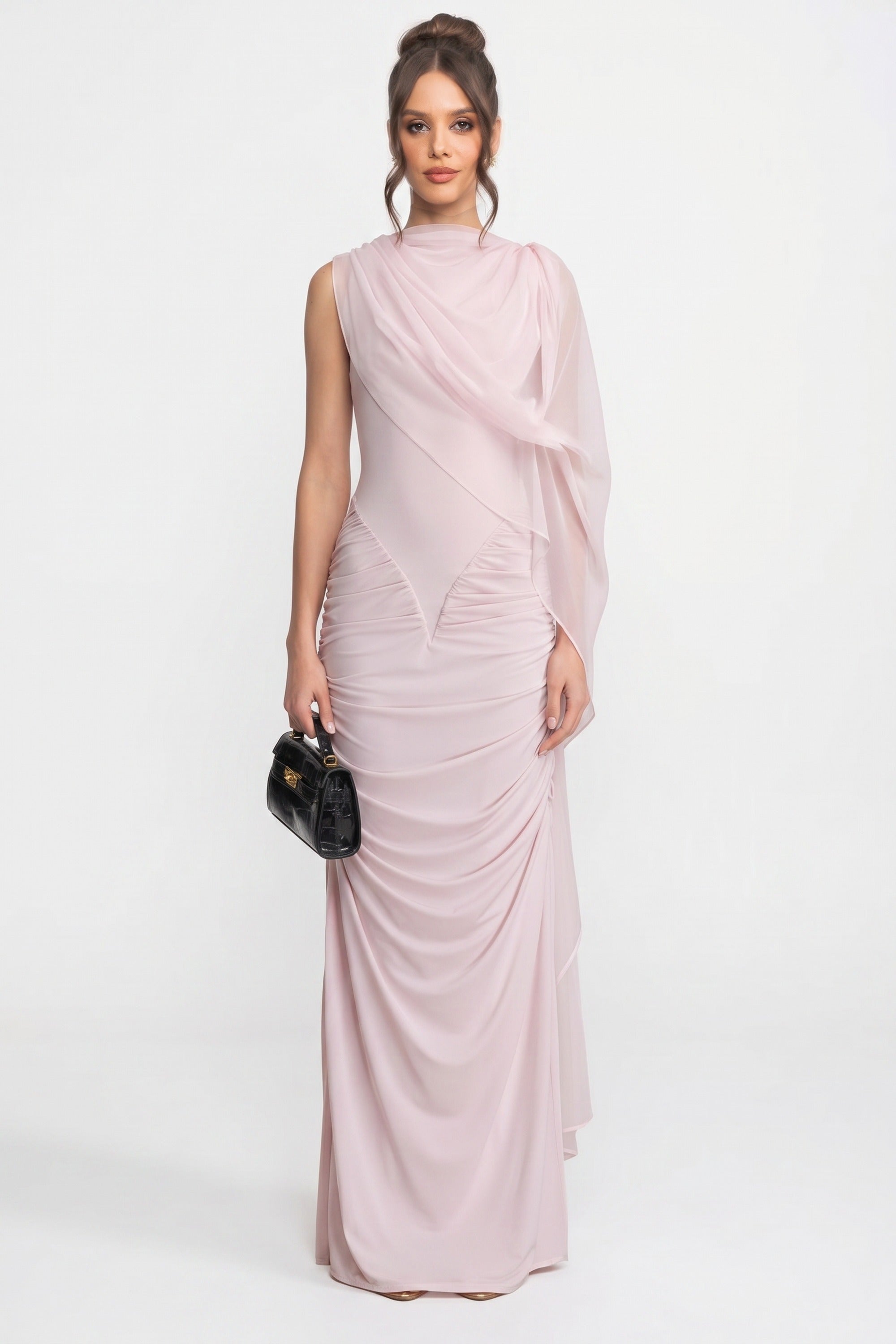 One-Shoulder drapiertes Maxi-Kleid mit transparentem Schal-Detail - Pink 
