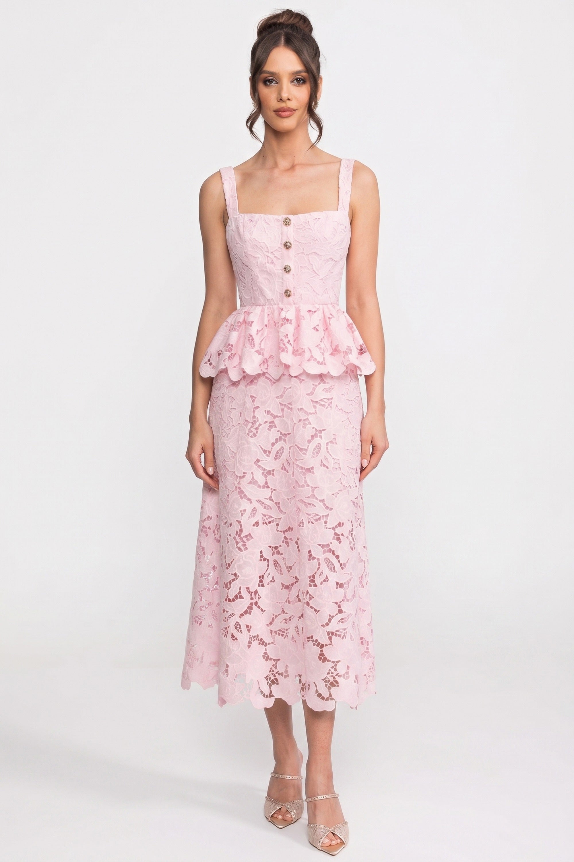 Ärmelloses Spitzen-Peplum-Kleid mit Midi-Rock und goldenen Knöpfen – Pink 