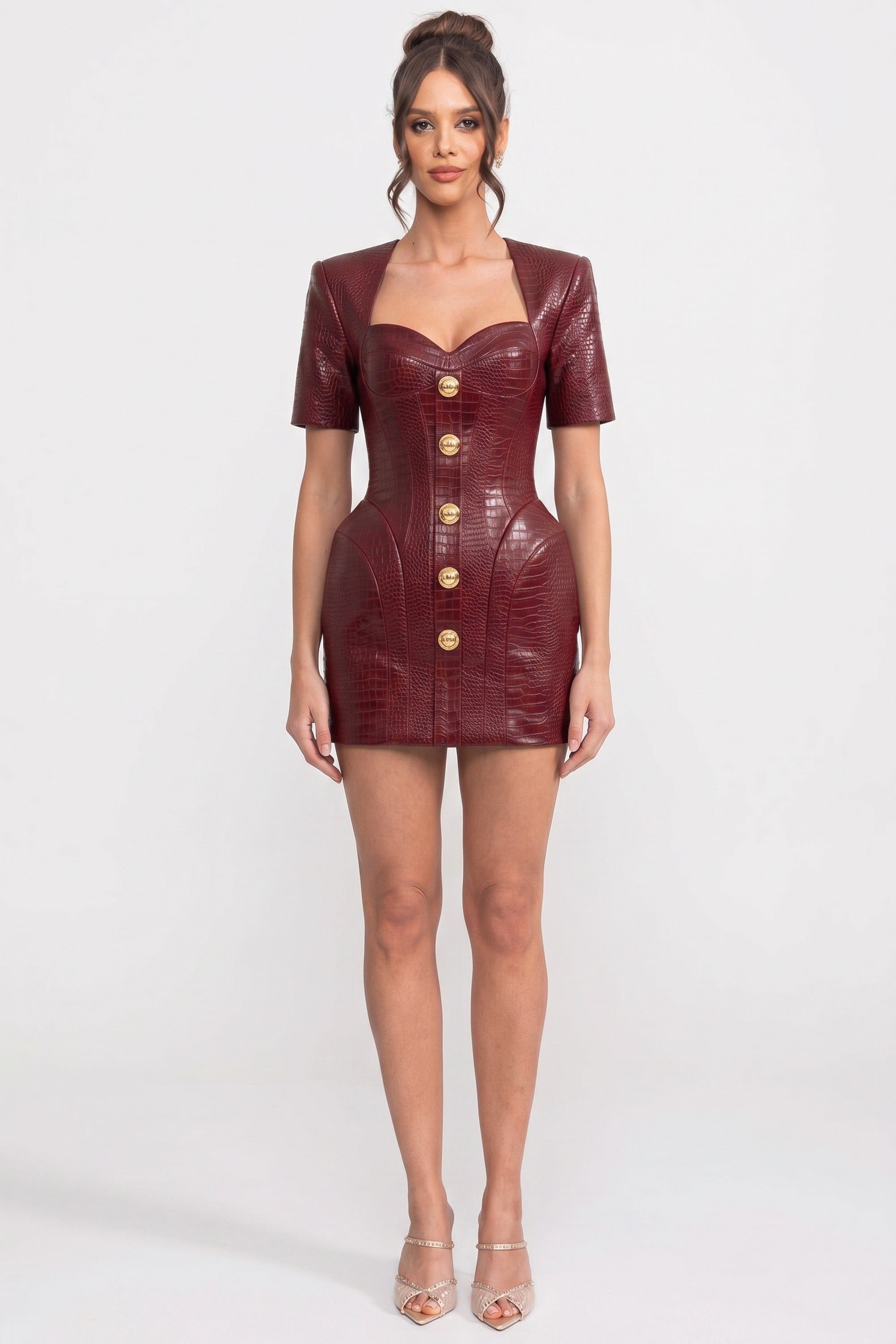 Mini-Kleid mit Krokodilprägung und goldener Knopfleiste - Rot 