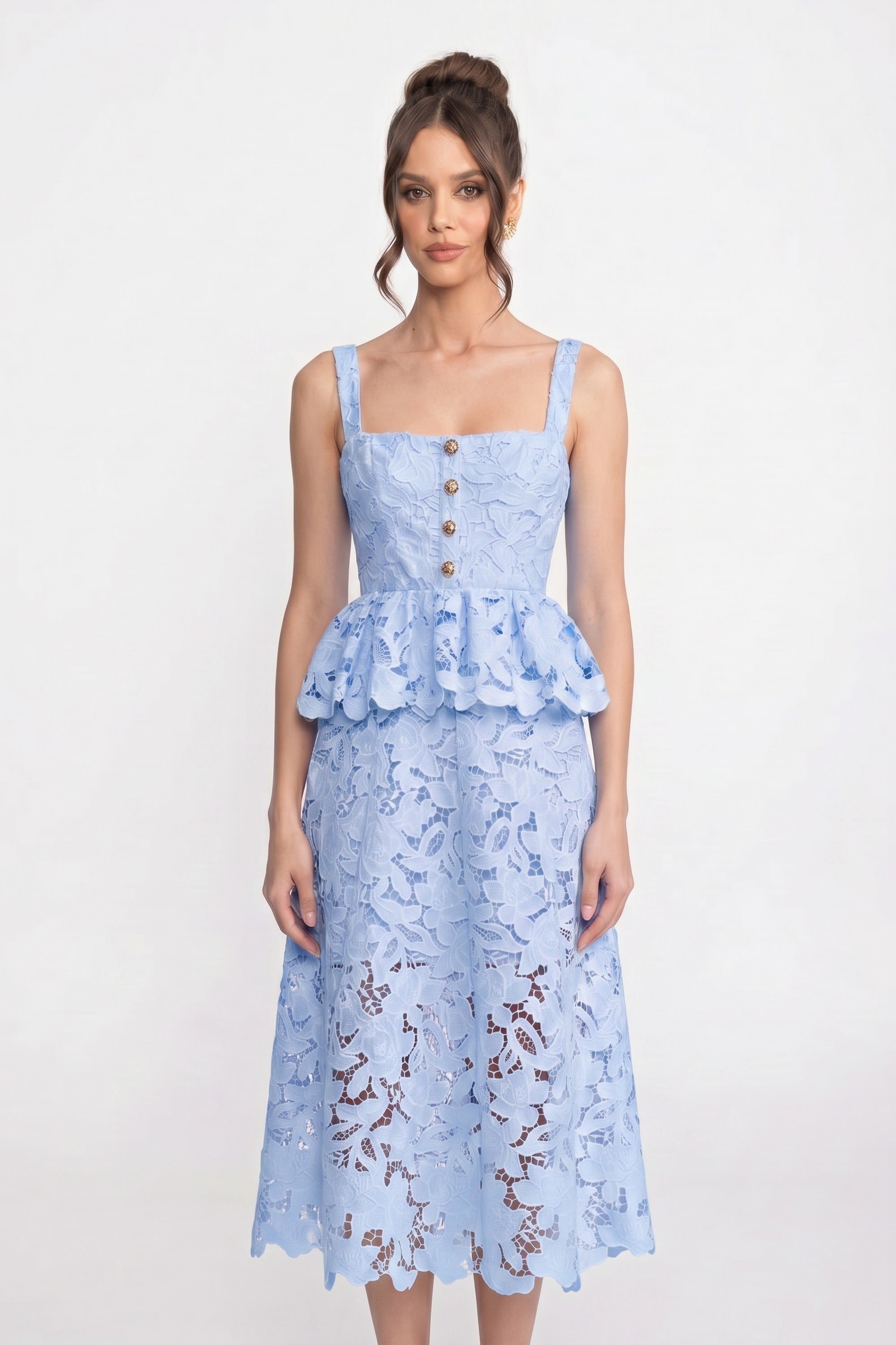 Ärmelloses Spitzen-Peplum-Kleid mit Midi-Rock und goldfarbenen Knöpfen - Blau 