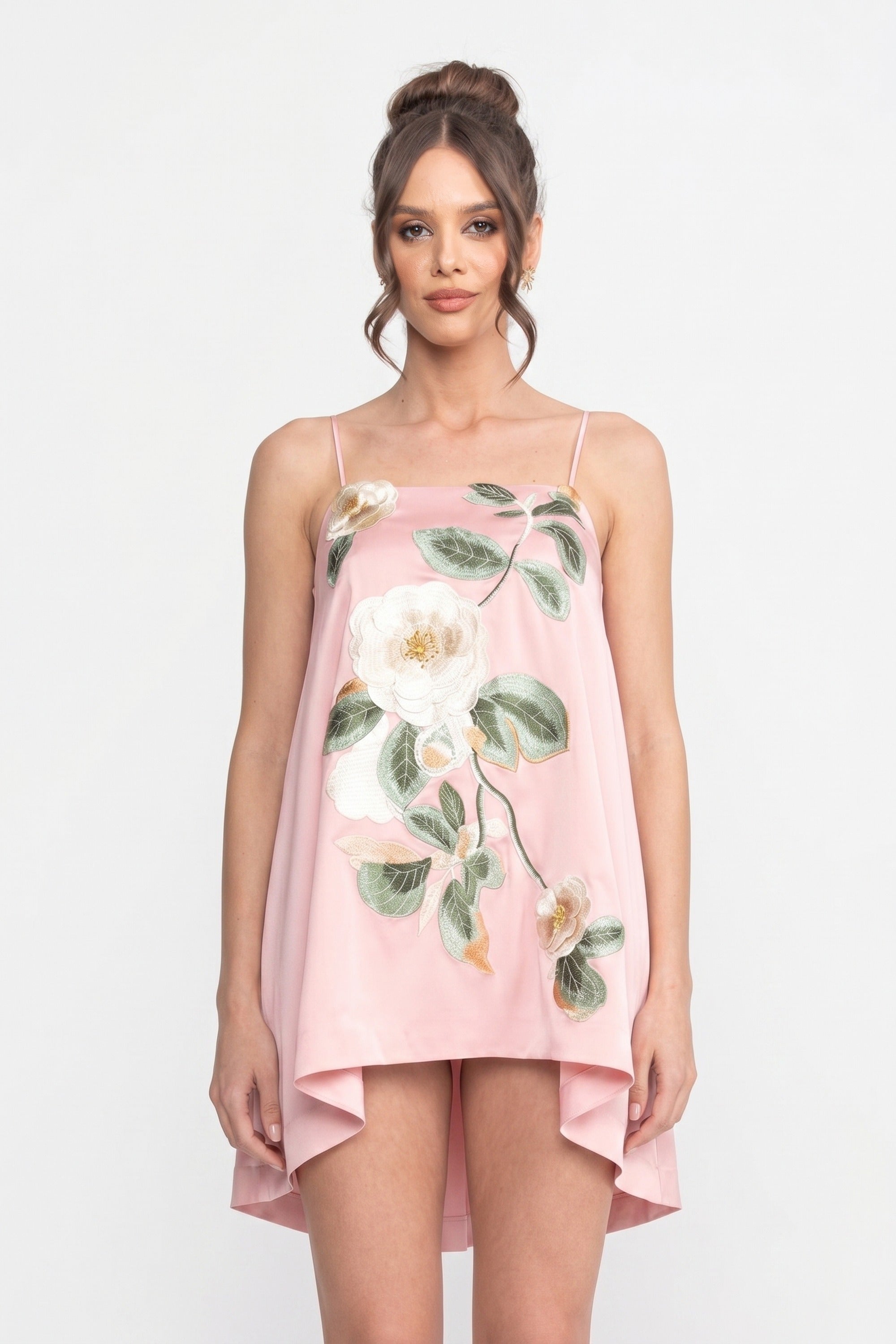 Mini-Kleid mit Spaghettiträgern, 3D-Blütenapplikation und A-Linien-Rock - Pink 