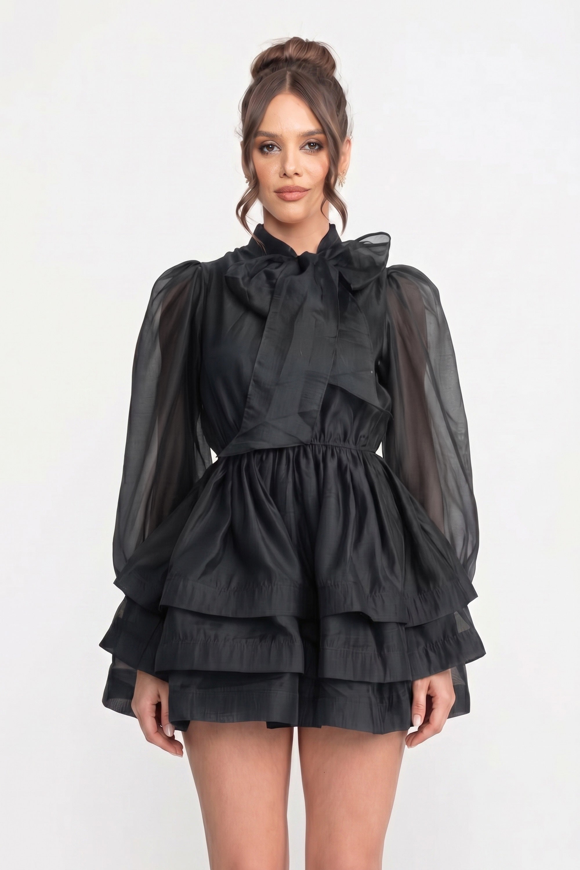 High-Neck-Minikleid mit Puffärmeln, gestuftem Rüschrock und Schleife - Schwarz 