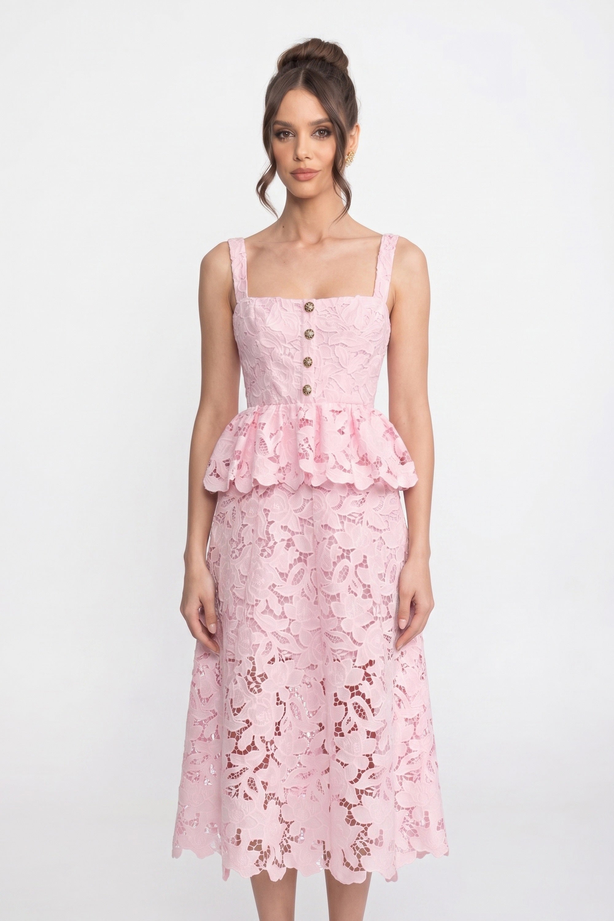Ärmelloses Spitzen-Peplum-Kleid mit Midi-Rock und goldenen Knöpfen – Pink 