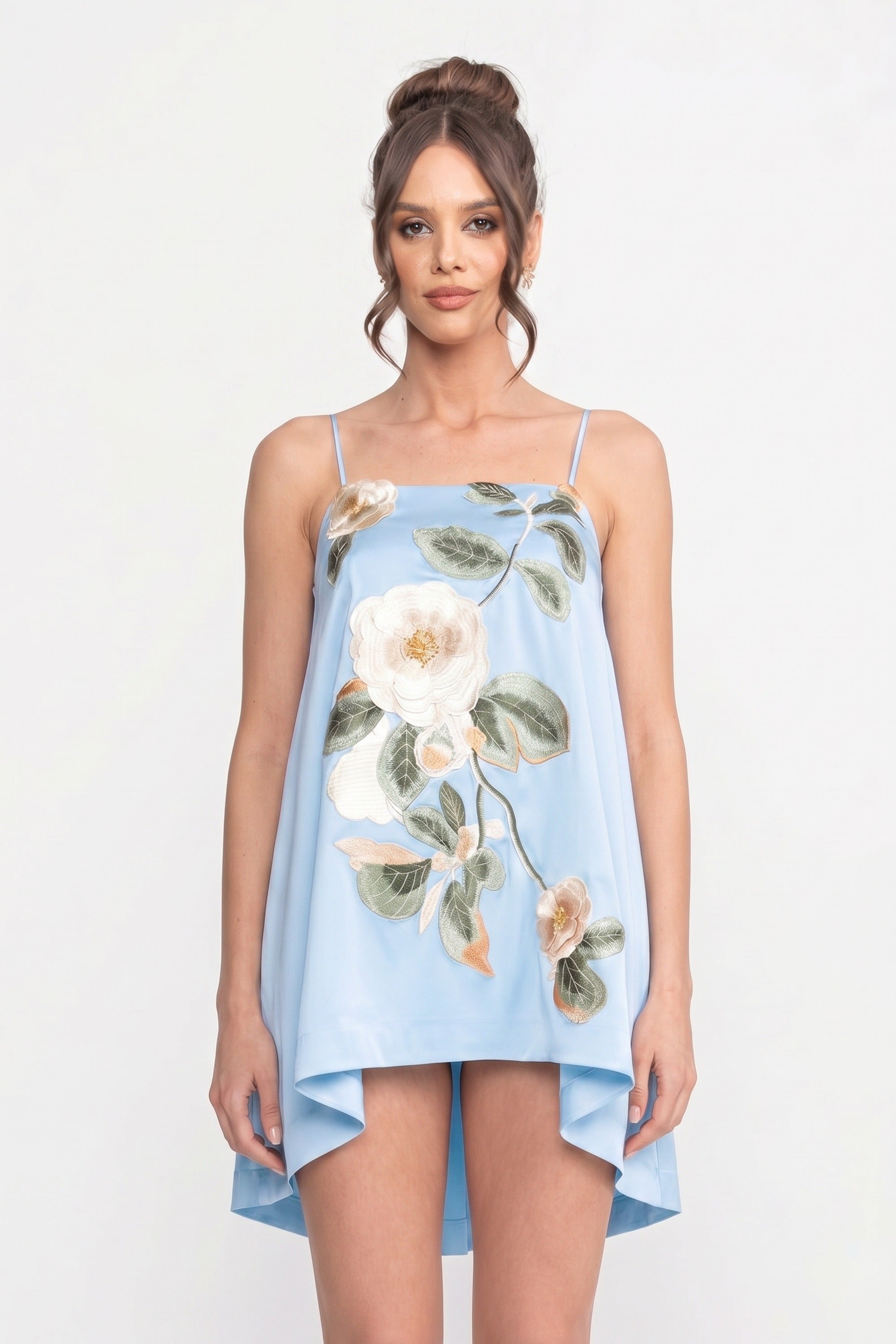 Minikleid mit Spaghettiträgern, 3D-Blumenapplikation und A-Linien-Rock - Blau 