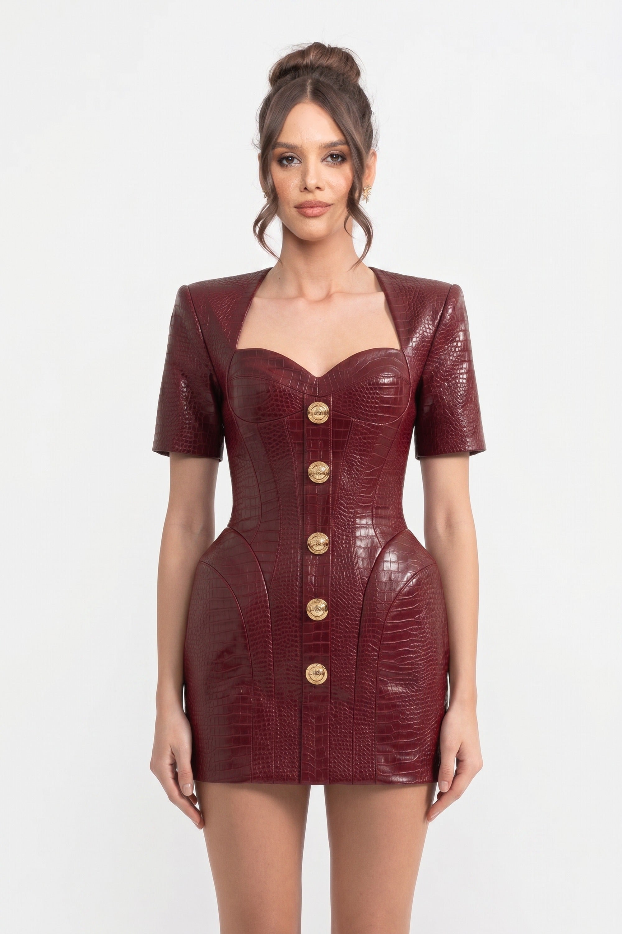 Mini-Kleid mit Krokodilprägung und goldener Knopfleiste - Rot 