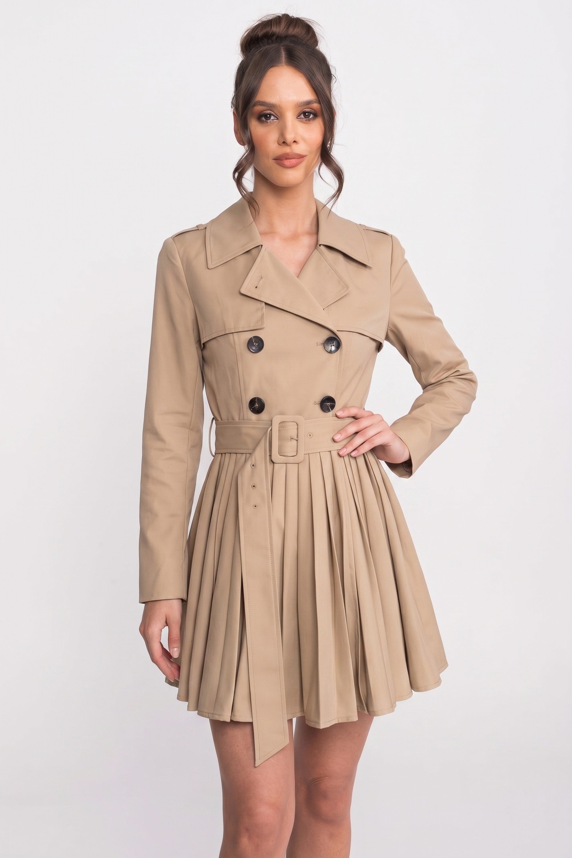 Double-Breasted Belted Trench Coat With Pleated Skirt - Khaki