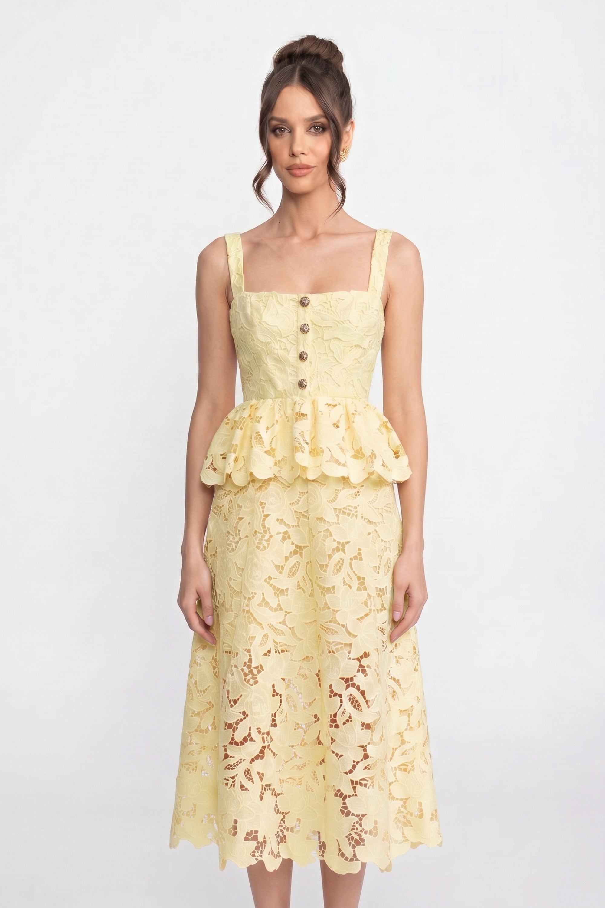 Sleeveless Lace Peplum Dress With Midi Skirt And Golden Buttons - Yellow
