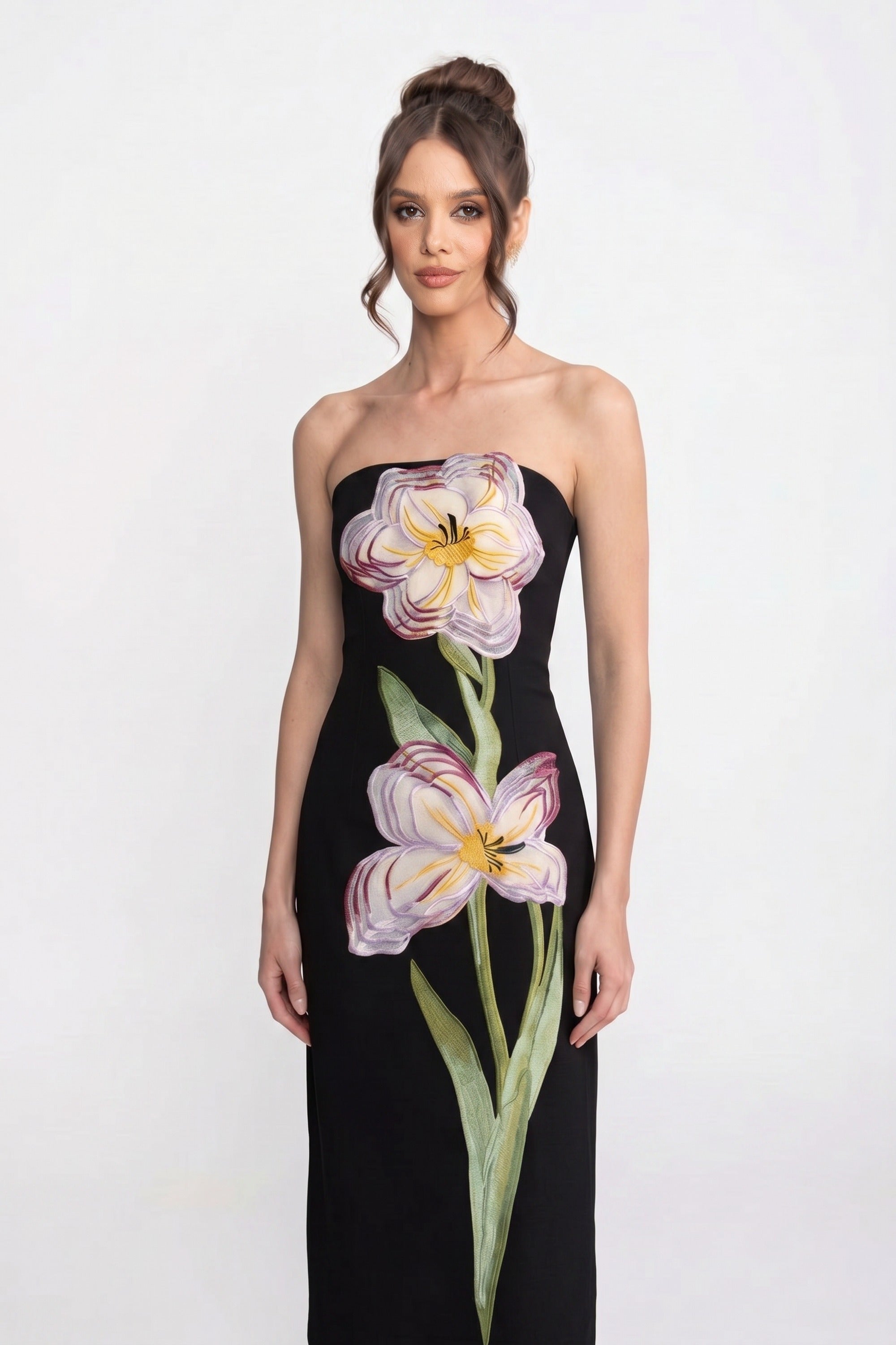 Schulterloses Maxikleid mit Blumenprint und Column-Silhouette – Schwarz 