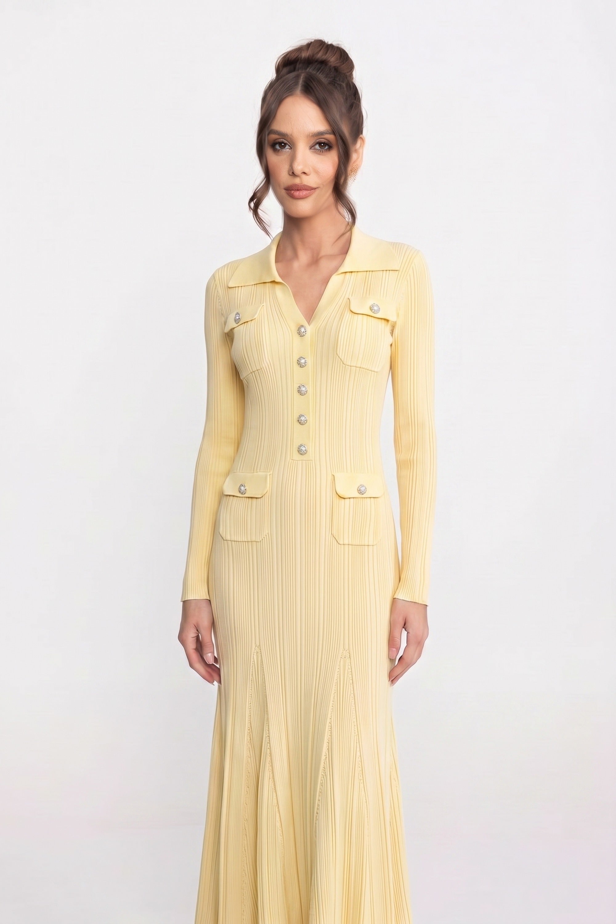 Long-Sleeve Button-Front Knit Maxi Dress With Patch Pockets - Yellow