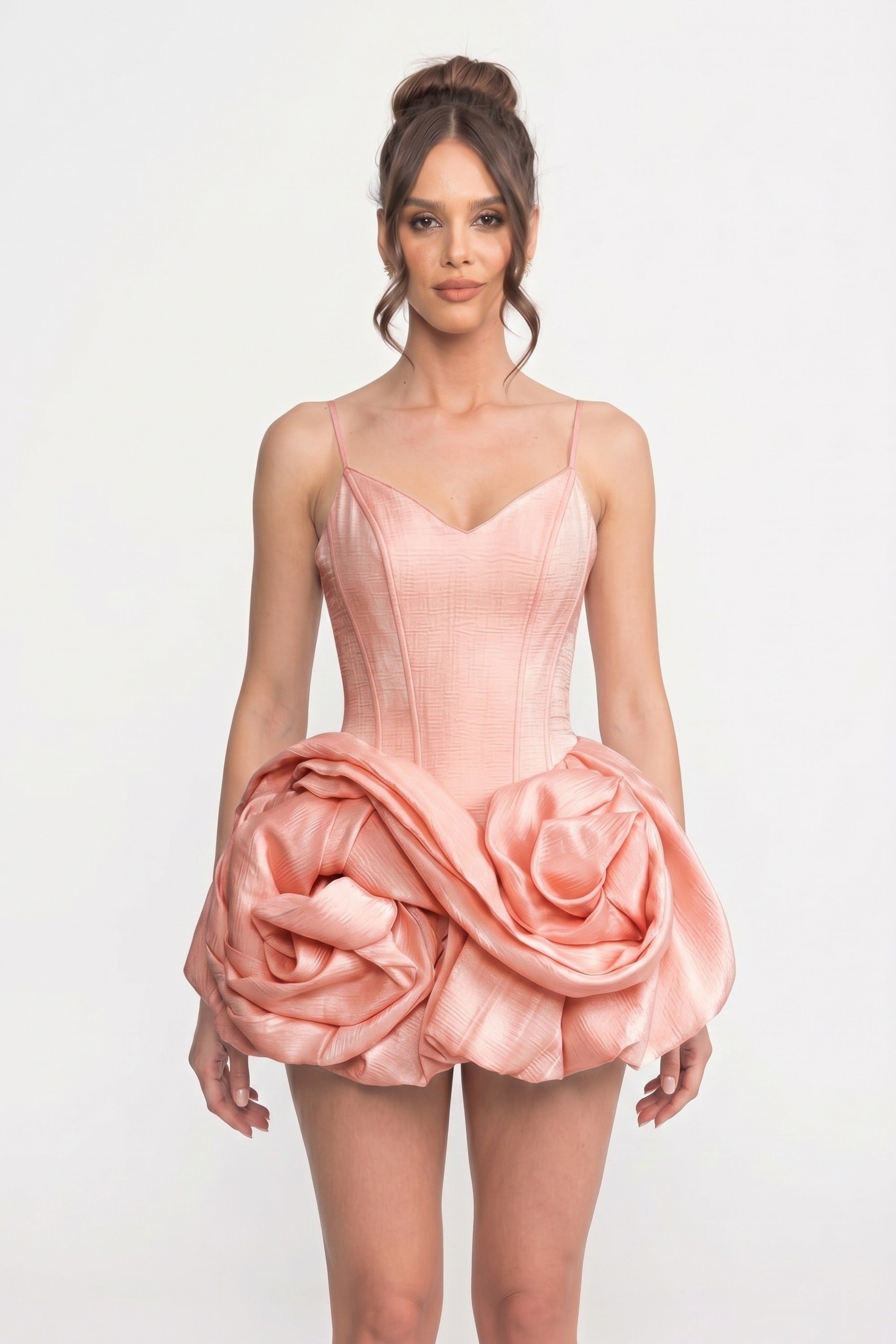 Minikleid aus Samt mit Spaghetti-Trägern und 3D-Rosensaum - Rosa 