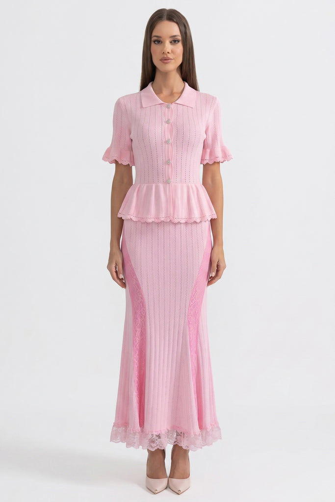 Strick-Maxikleid mit Peter-Pan-Kragen und Peplum mit Spitzensaum - Pink 