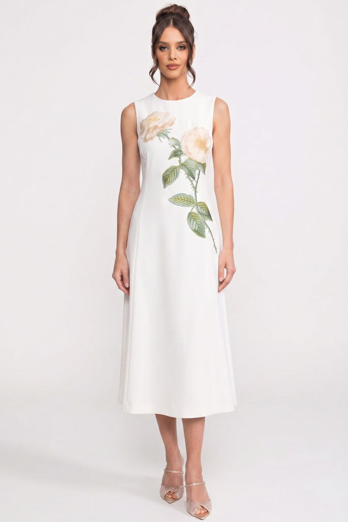 Ärmelloses Midi-Kleid mit 3D-Blütenapplikation und weitem Rock - Weiß 