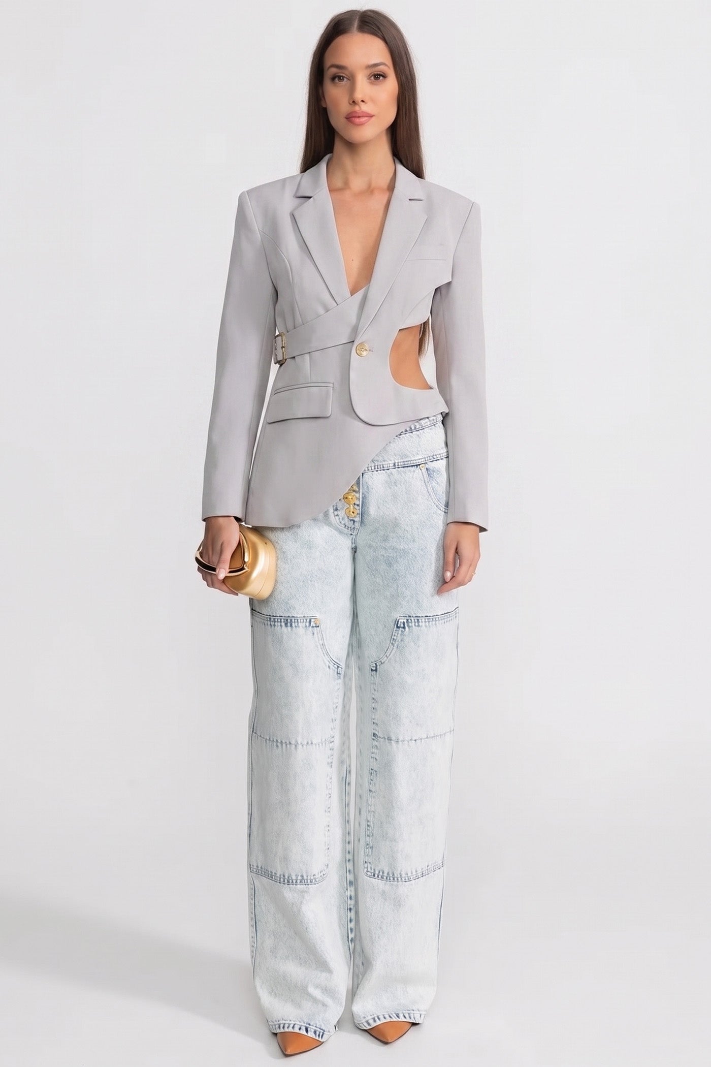 Asymmetrischer Cut-out-Blazer mit Gürtel-Detail - Hellgrau 