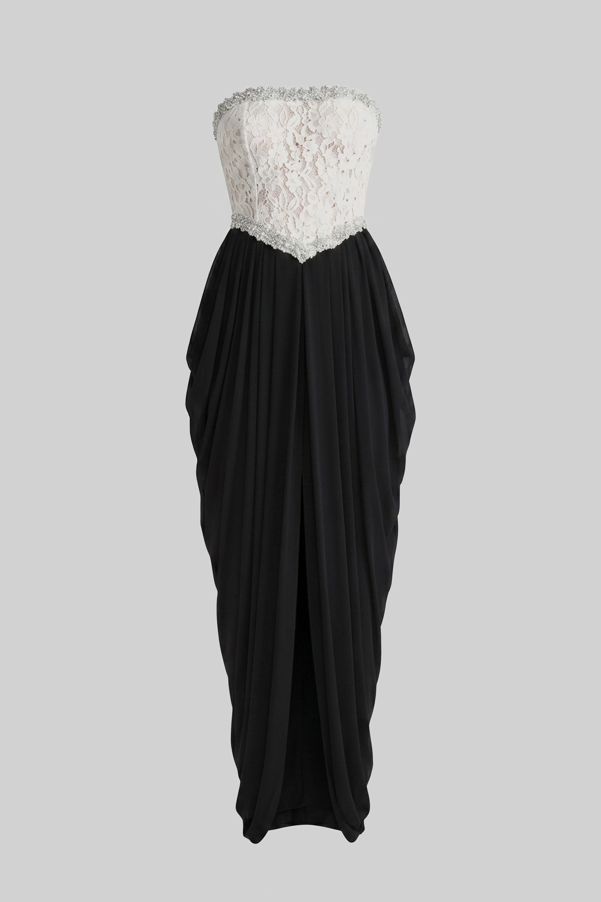 Schulterfreies Abendkleid mit 3D-Blumen-Korsett-Oberteil und drapierter schwarzer Rockpartie - Weiß+Schwarz 