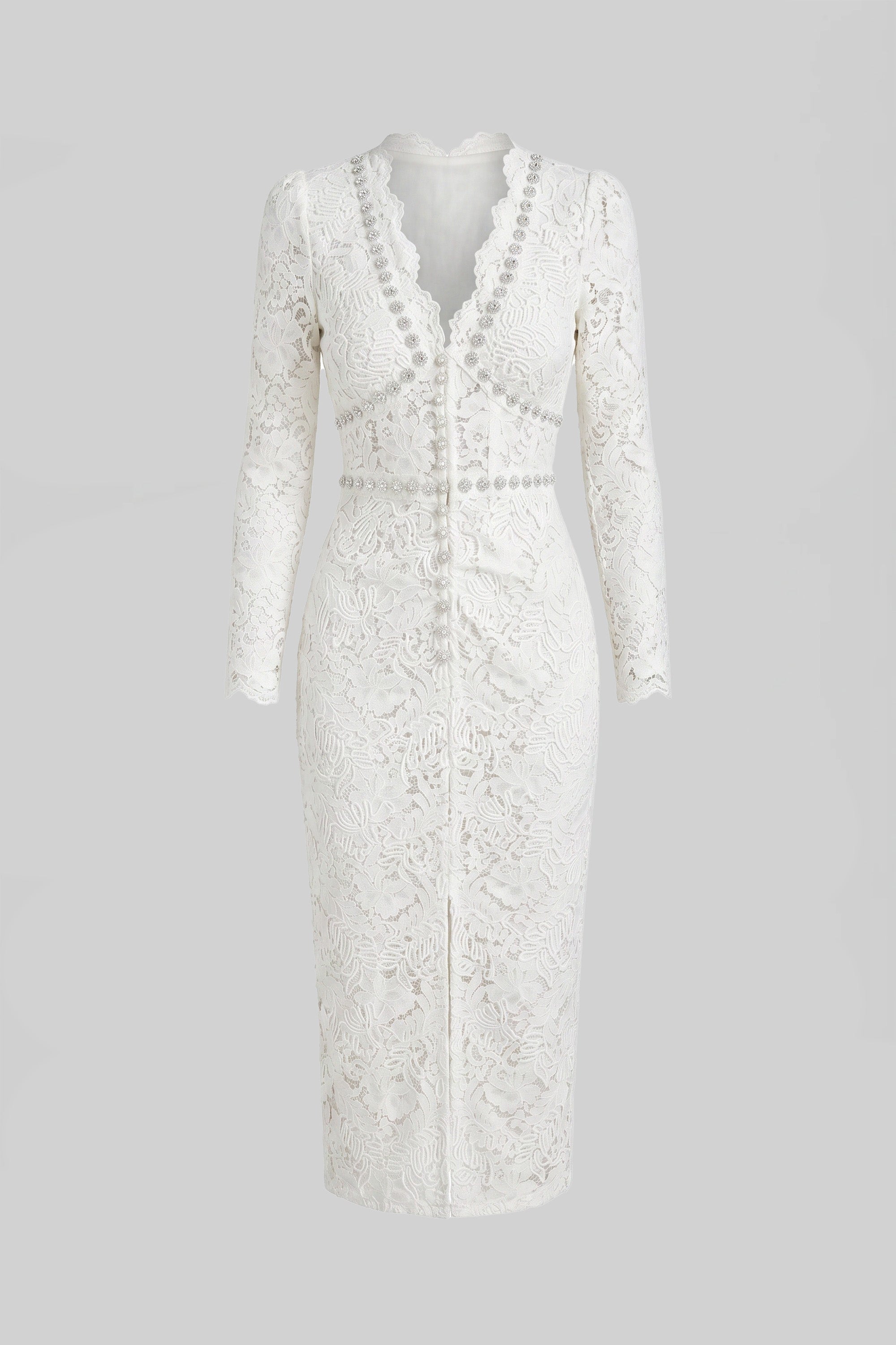 Spitzen-Midikleid mit Kristall-V-Ausschnitt und Drapierungsdetail vorne – Weiß 