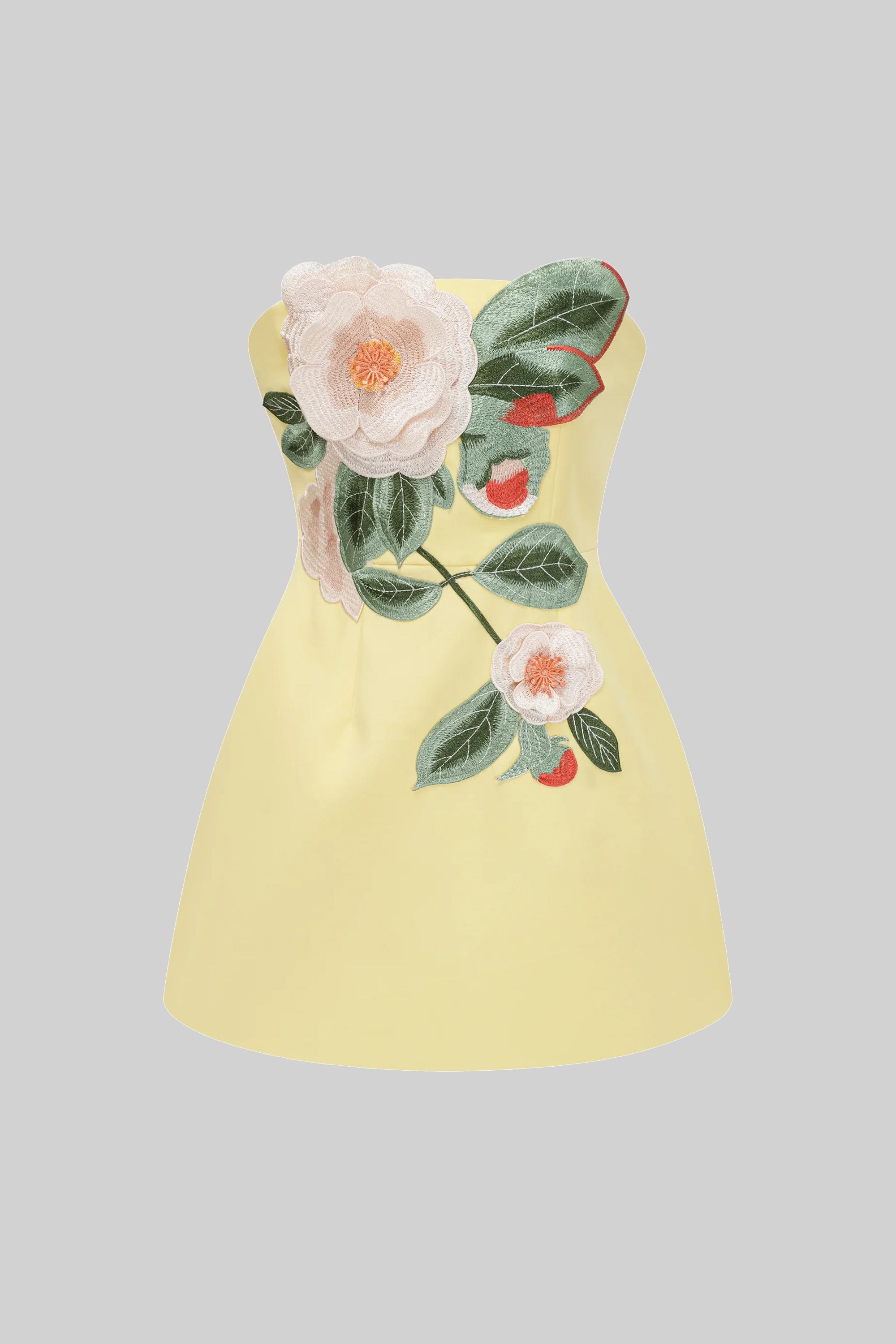 Ärmelloses Mini-Kleid mit 3D-Camellia-Blütenapplikation - Gelb 