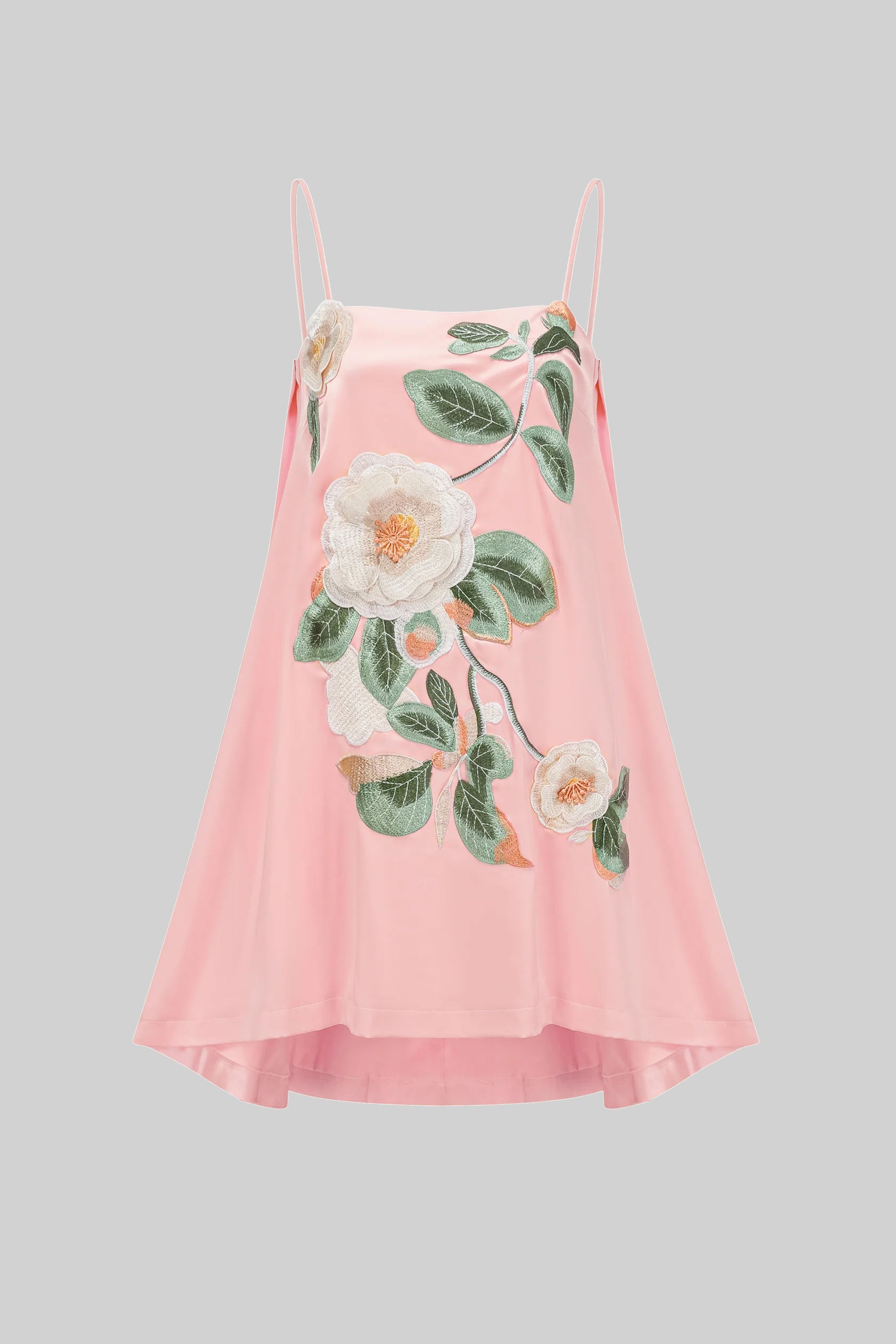 Mini-Kleid mit Spaghettiträgern, 3D-Blütenapplikation und A-Linien-Rock - Pink 