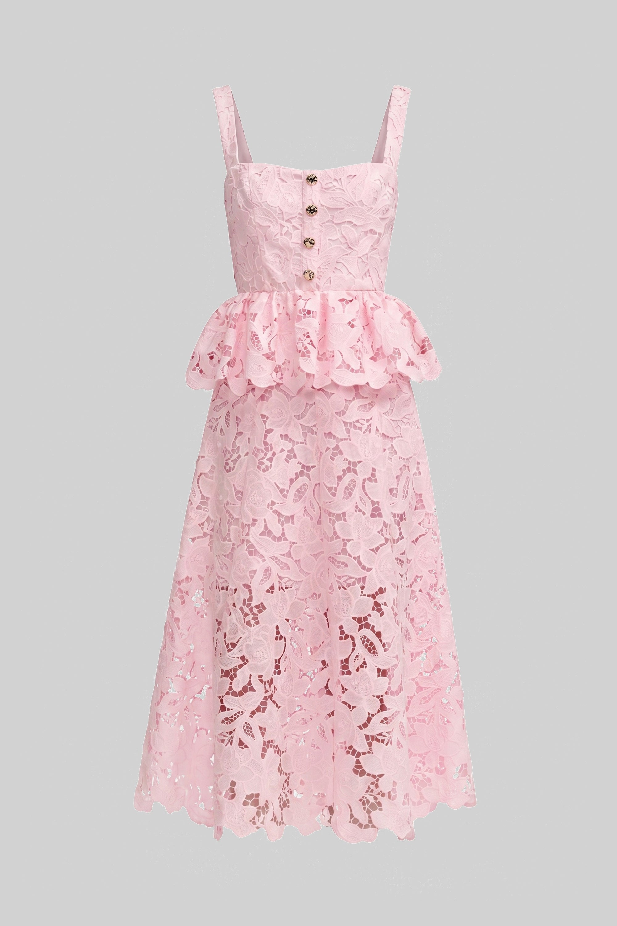Ärmelloses Spitzen-Peplum-Kleid mit Midi-Rock und goldenen Knöpfen – Pink 