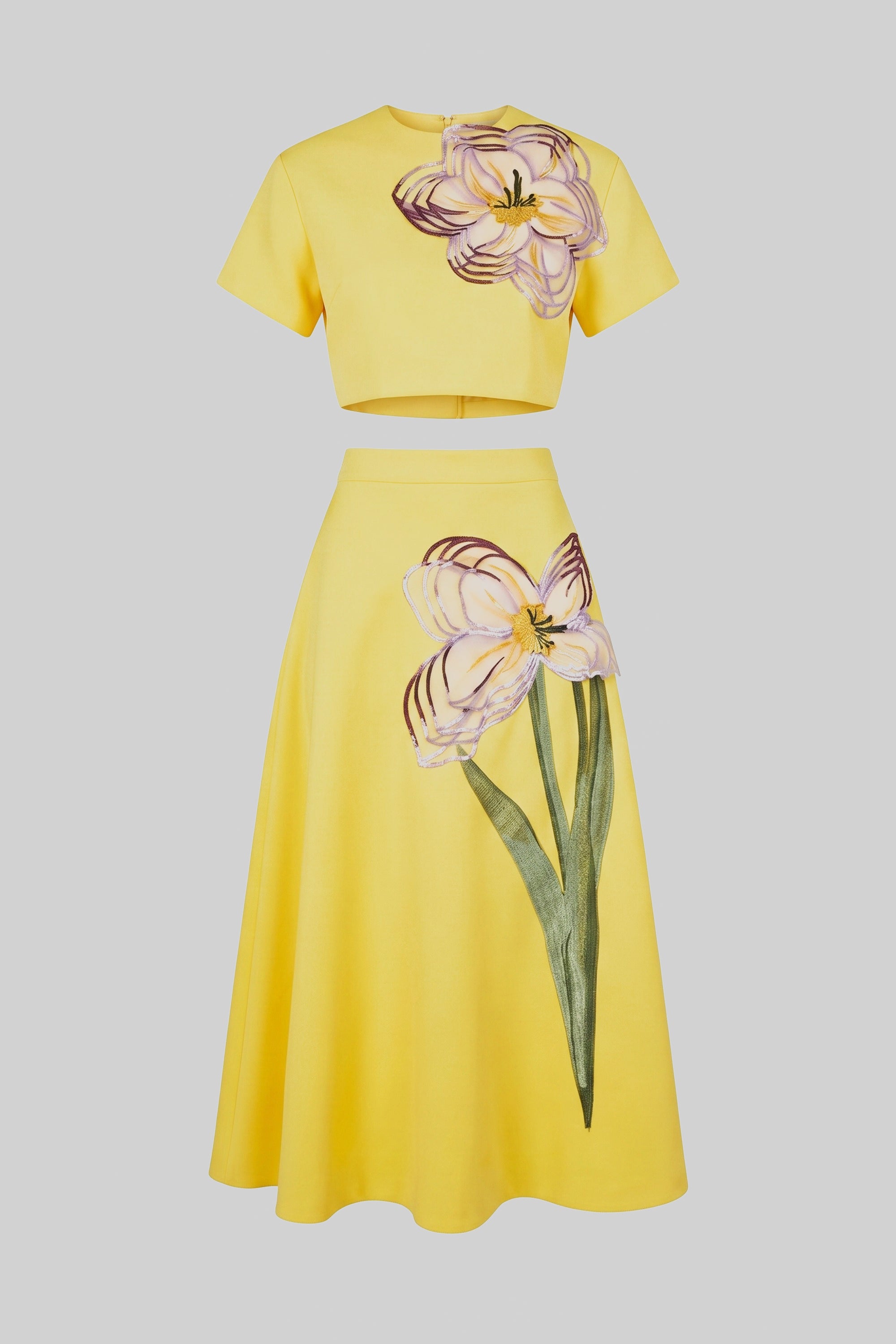 Kurzärmliges Co-Ord-Set mit Blumenmuster, Crop-Top und Maxirock – Gelb 