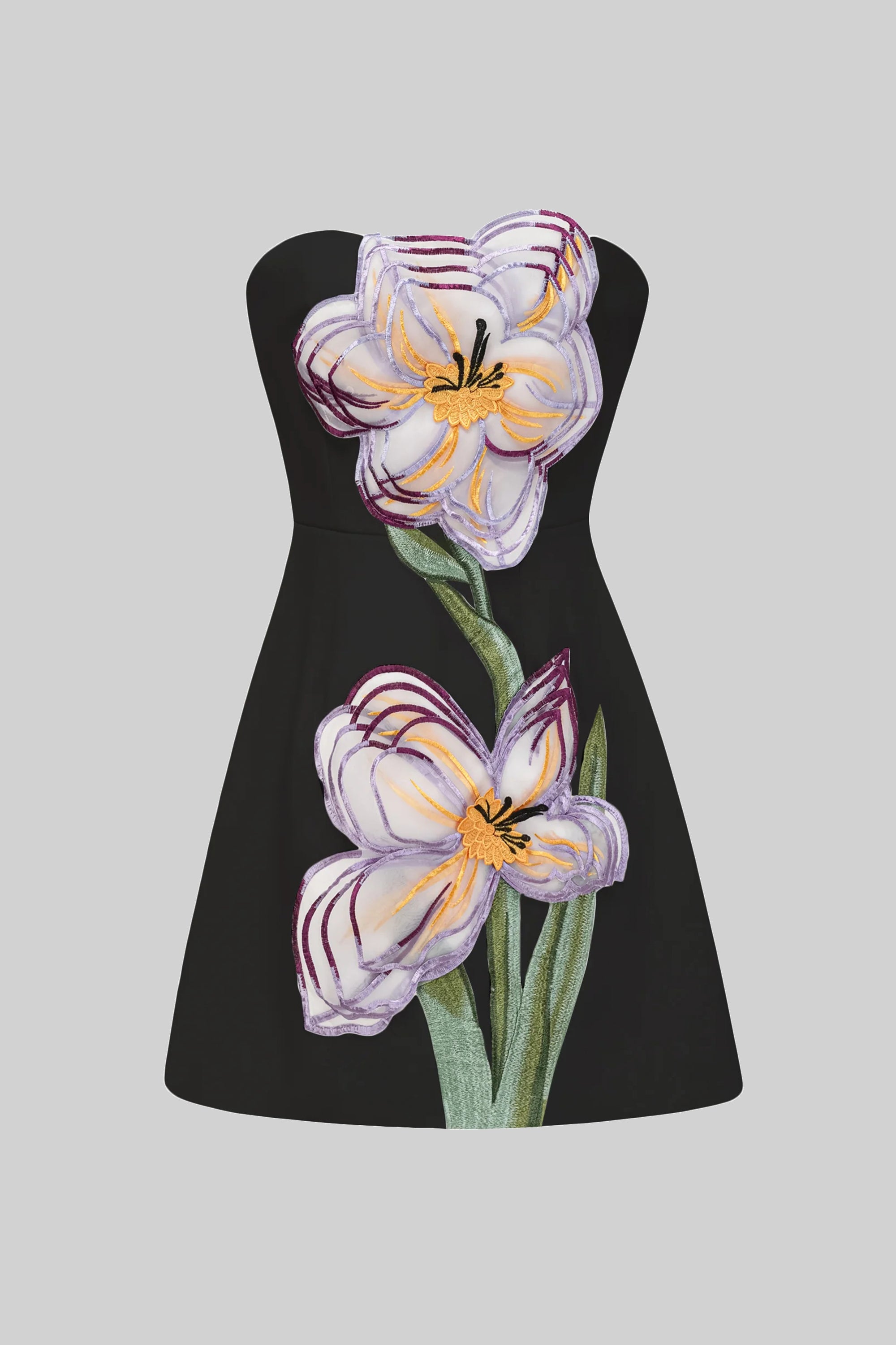 Trägerloses Minikleid mit 3D-Iris-Blütenapplikation - Schwarz 