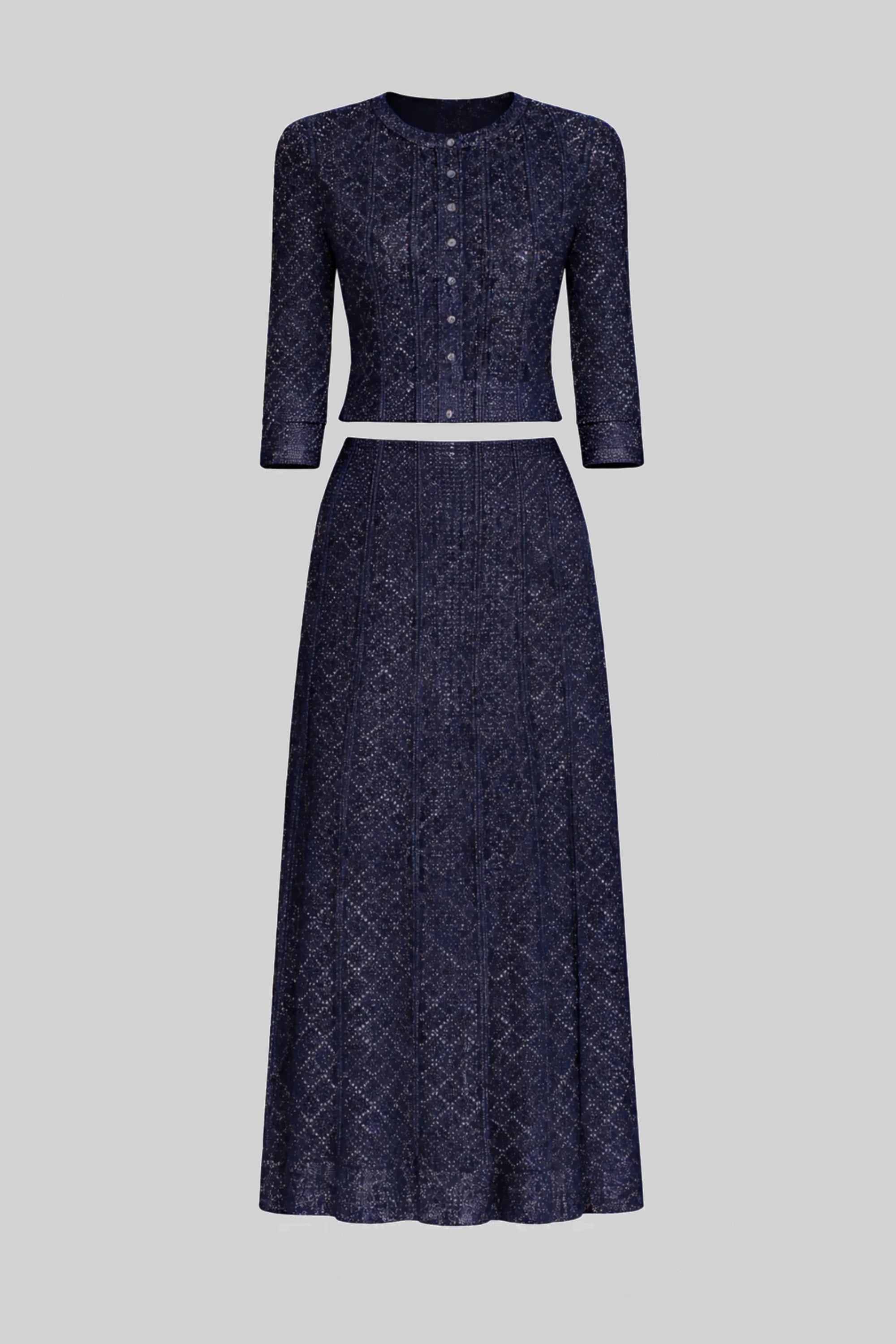 Langärmliges Co-Ord-Set aus Spitze mit Rautenmuster und Maxirock - Navy 