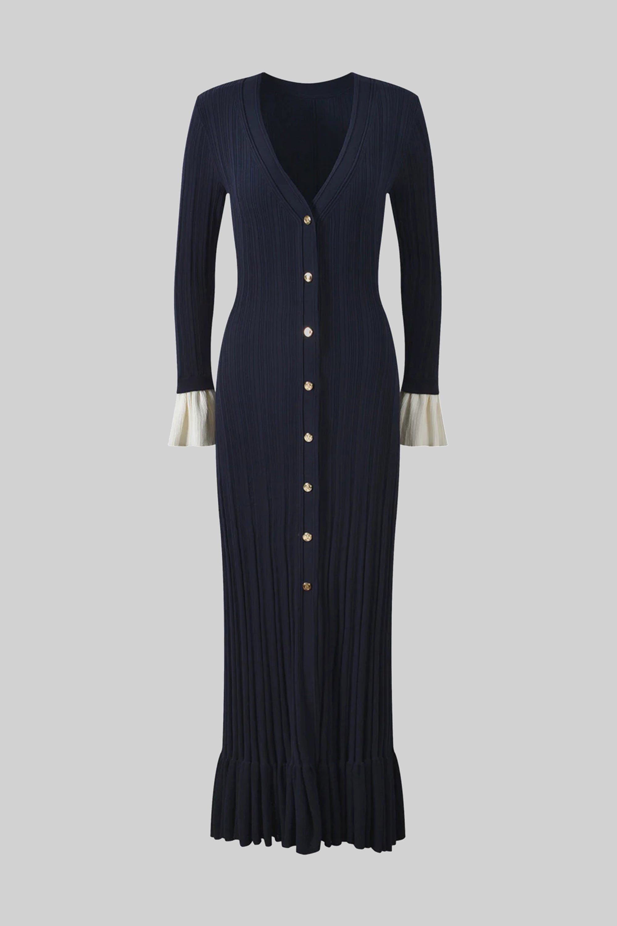 Langärmliges, vorne geknöpftes, plissiertes Strick-Maxikleid mit Kontrastmanschetten - Navy 